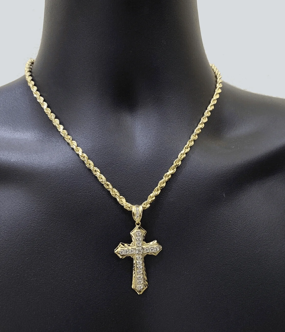 Real 10k Yellow Gold Cross Charm Rope Chain Necklace 4mm 24'' Pendant 10kt Jesus - Image 7