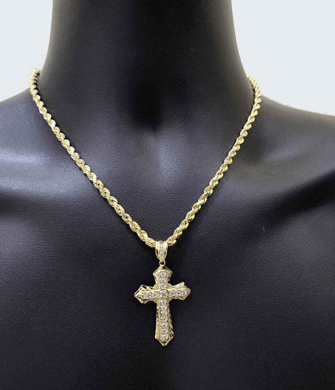 Real 10k Yellow Gold Cross Charm Rope Chain Necklace 4mm 28'' Pendant 10kt Jesus - Image 7
