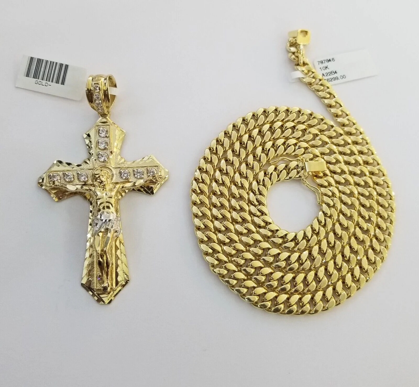 Real 10k Yellow Gold Cross Miami Cuban Link Chain Jesus Charm Pendant 6mm 24" - Image 2