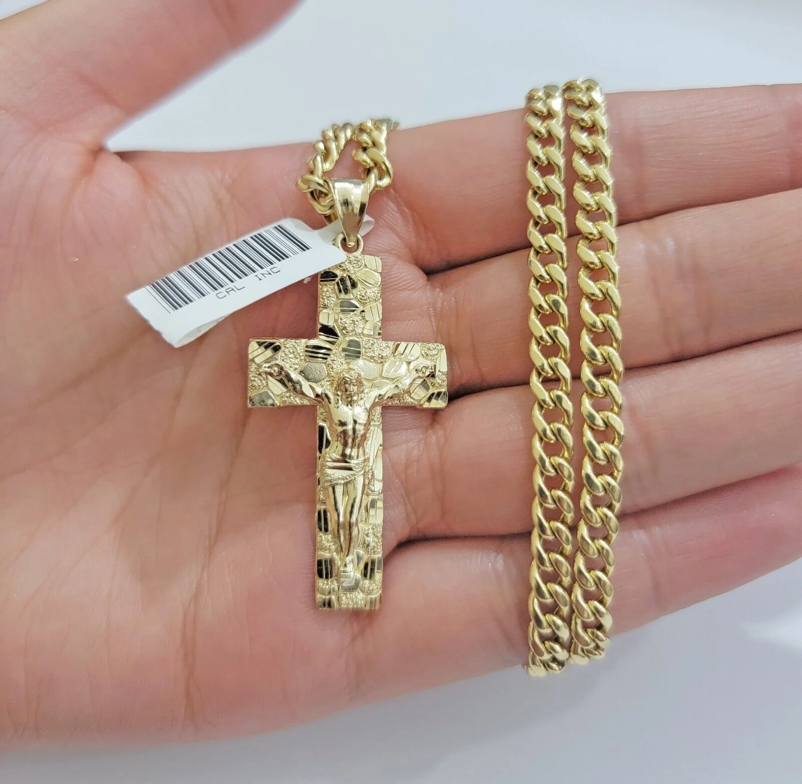 REAL 10k Yellow Gold Cuban link Chain Nugget Charm Pendant Necklace 5mm 24" Inch - Image 3