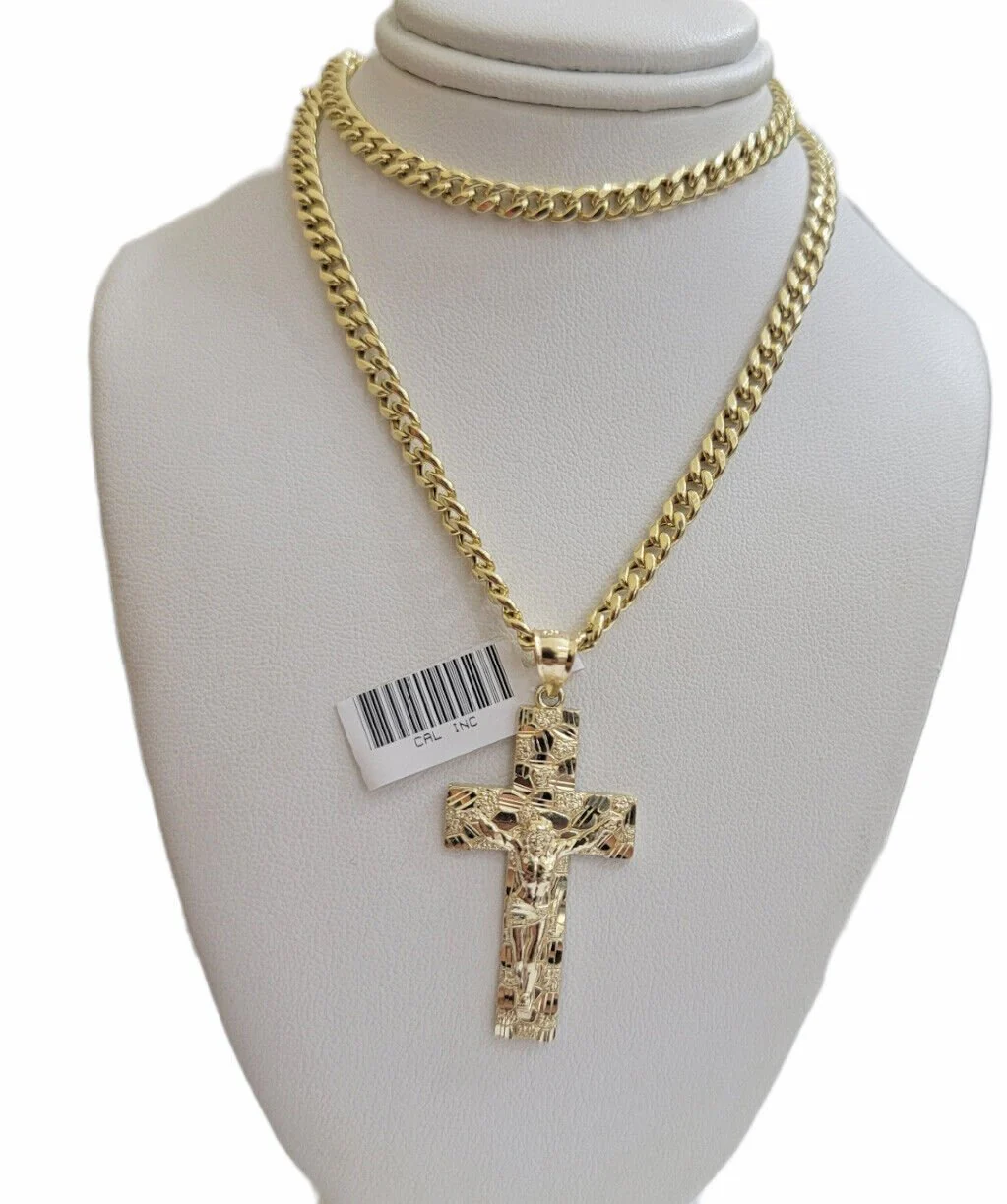 REAL 10k Yellow Gold Cuban link Chain Nugget Charm Pendant Necklace 5mm 24" Inch - Image 5