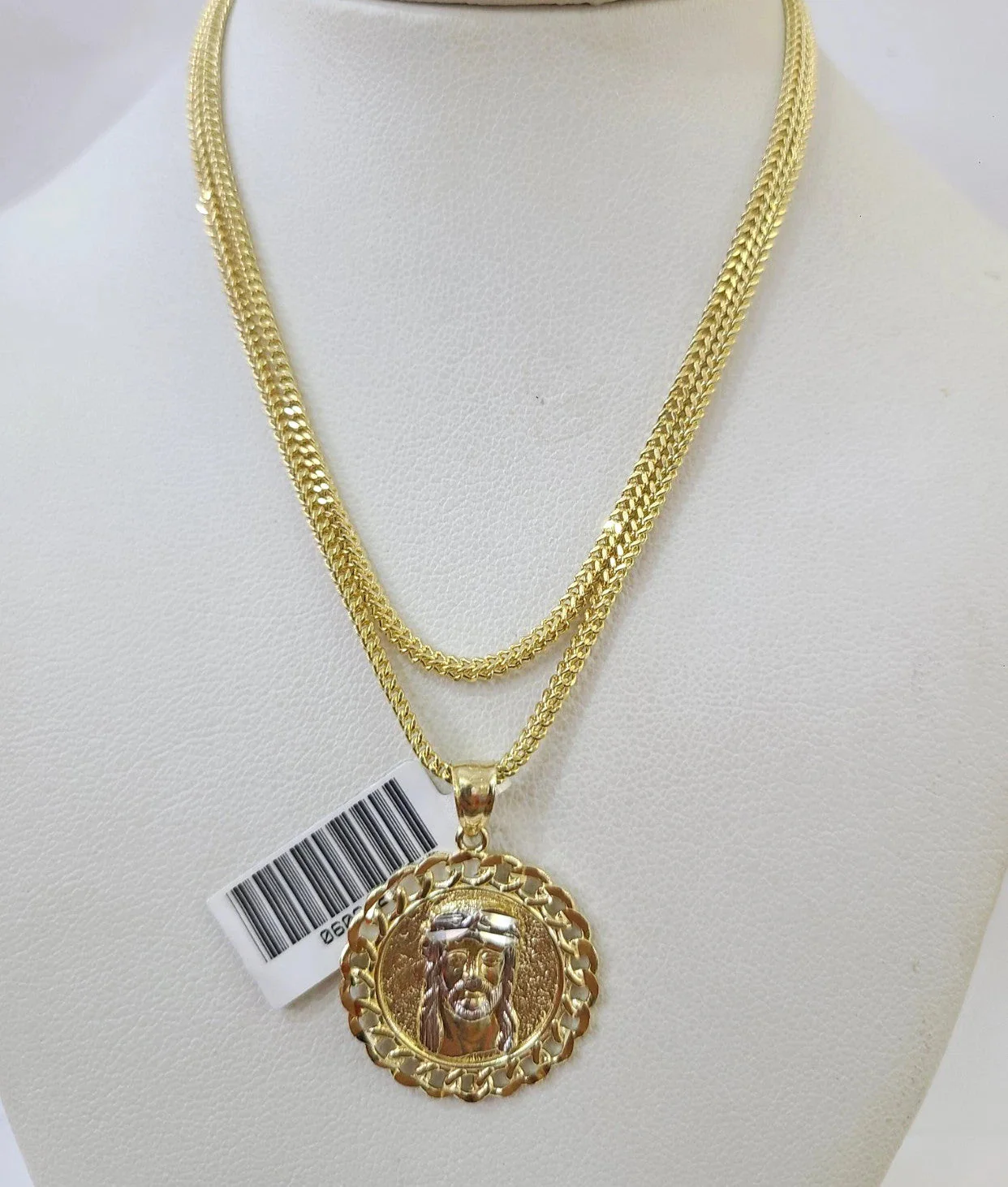 Real 10k Yellow Gold Franco Chain Jesus Head Pendant Charm 2mm Necklace - Image 2
