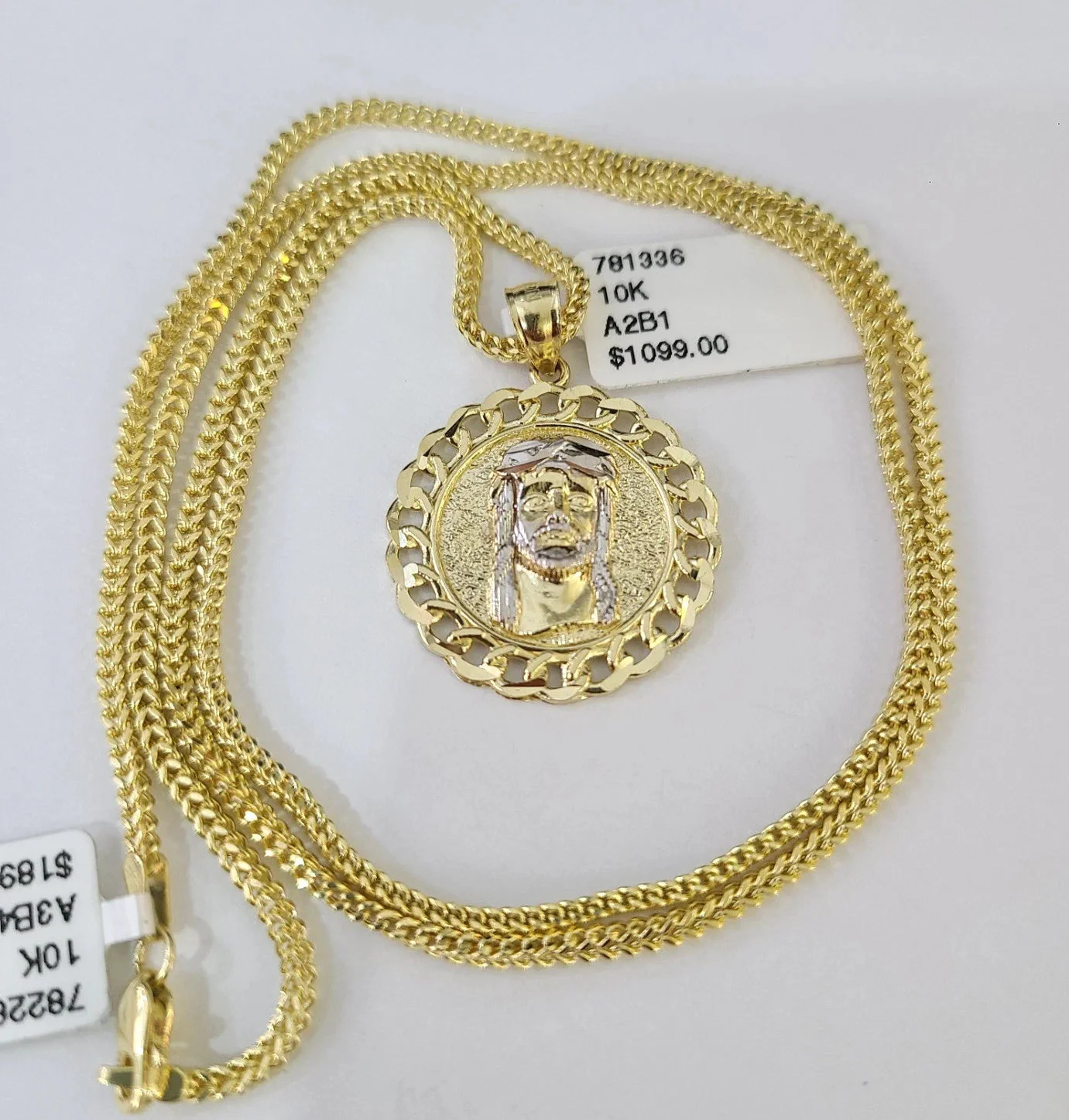 Real 10k Yellow Gold Franco Chain Jesus Head Pendant Charm 2mm Necklace - Image 3