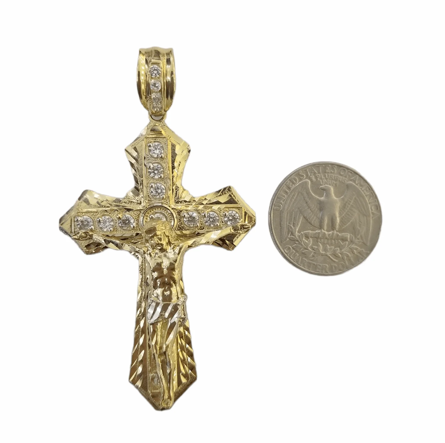 Real 10k Yellow Gold Jesus Cross Charm Men's pendant 3.75" With cubic Zirconia - Image 4