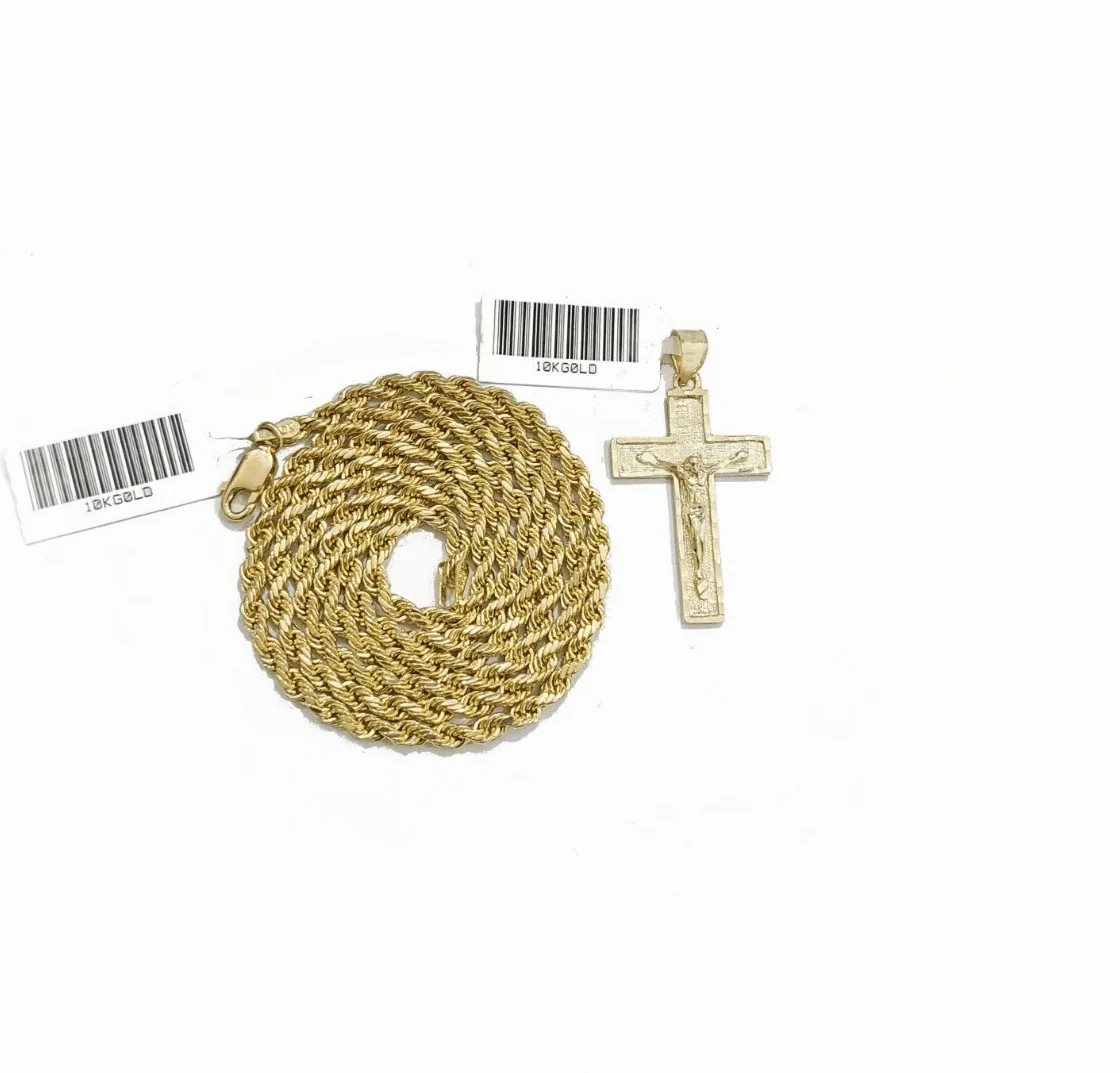Real 10k Yellow Gold Jesus Cross Charm Rope Chain Necklace 3mm 24'' Pendant 10kt - Image 5
