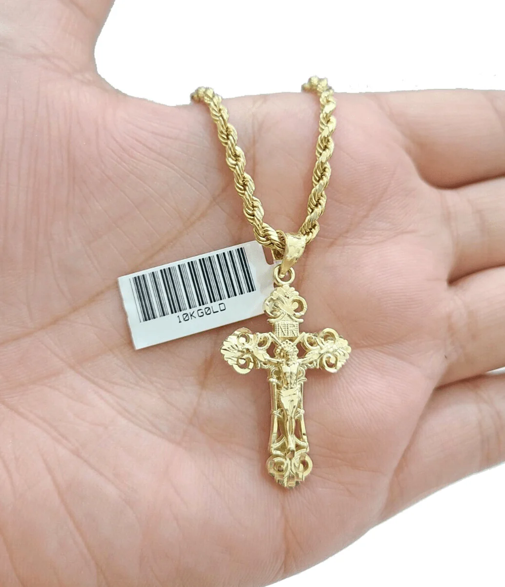 Real 10k Yellow Gold Jesus Cross Charm Rope Chain Necklace 3mm 26'' Pendant 10kt