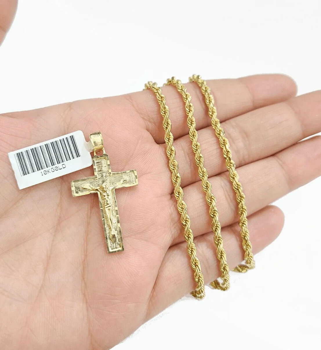 Real 10k Yellow Gold Jesus Cross Charm Rope Chain Necklace 3mm 28'' Pendant 10kt - Image 4