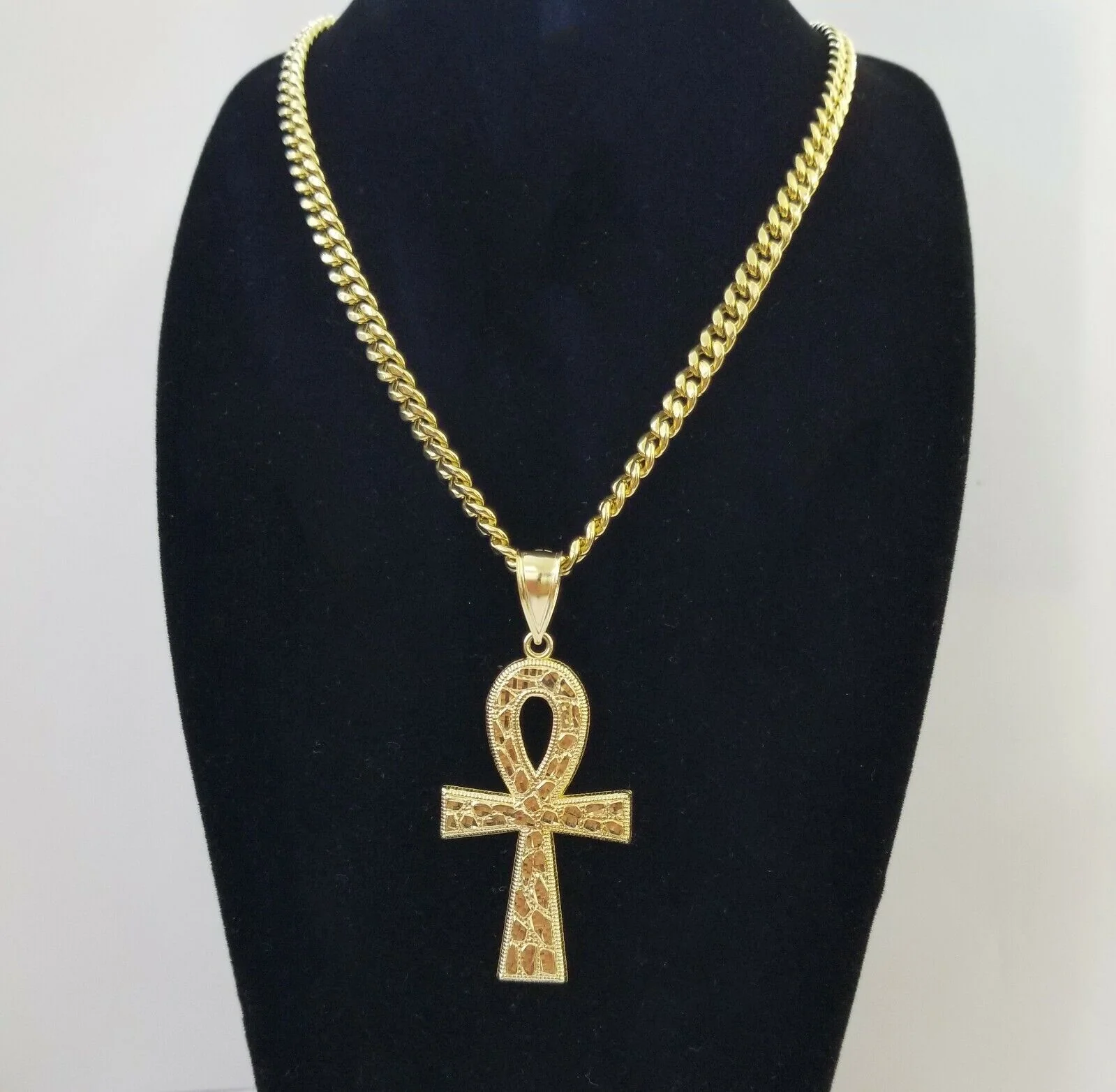 Real 10k Yellow Gold Men Ankh Cross Charm 20" Inch 6mm Miami Cuban Chain - Image 4