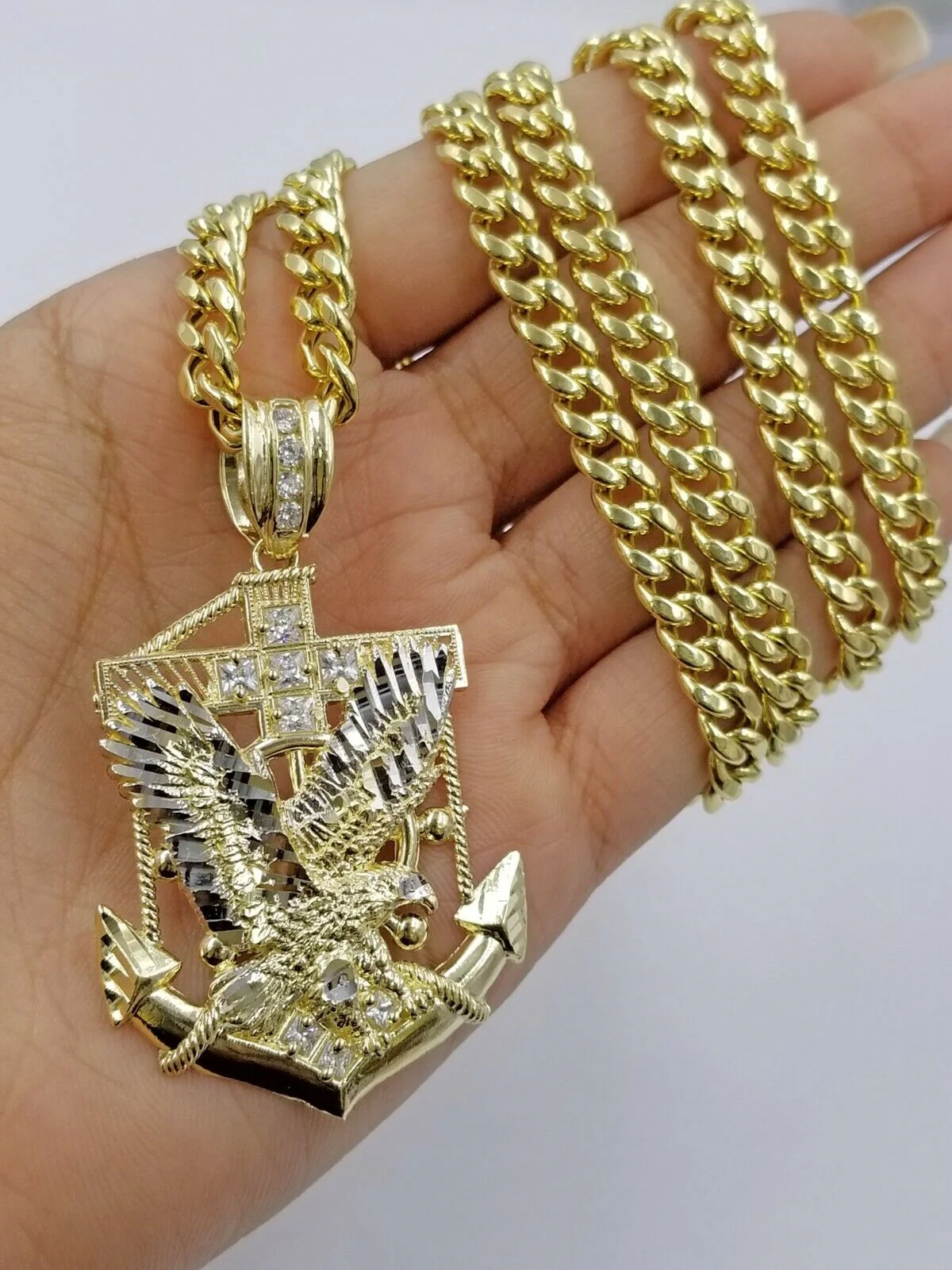 Real 10k Yellow Gold Miami Cuban Chain 24" American Eagle Anchor Charm Pendant - Image 2