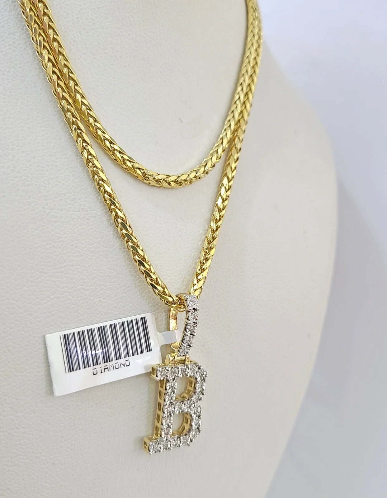 REAL 10k Yellow Gold Palm Chain B Diamond Initial Pendant Charm 3mm SET Necklace - Image 4