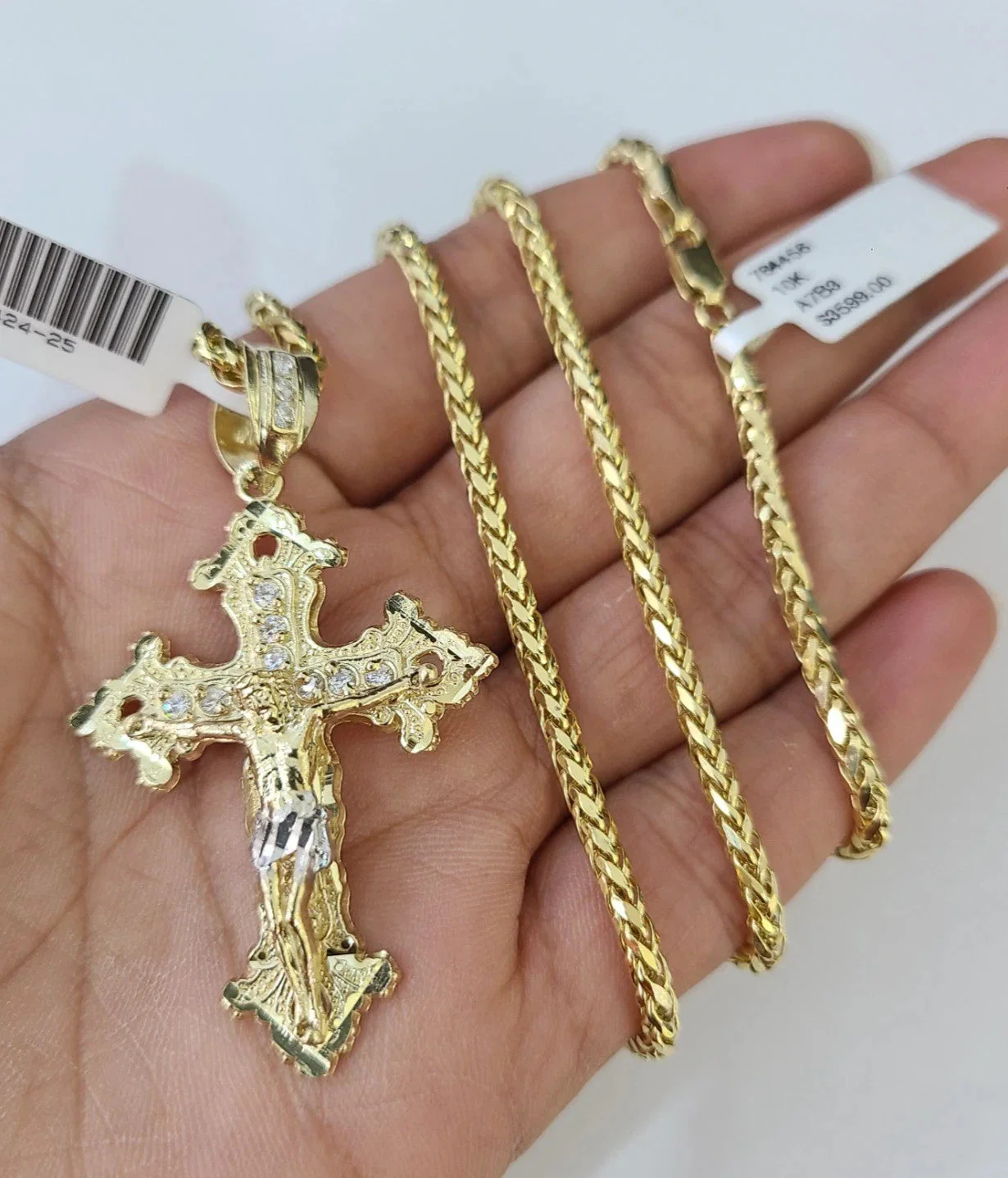 REAL 10k Yellow Gold Palm Chain Jesus Cross Pendant Charm 3mm Necklace - Image 2