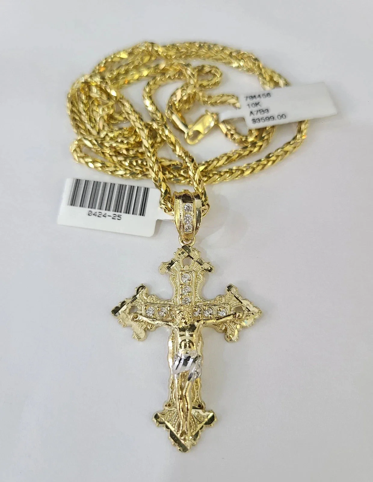 REAL 10k Yellow Gold Palm Chain Jesus Cross Pendant Charm 3mm Necklace - Image 3