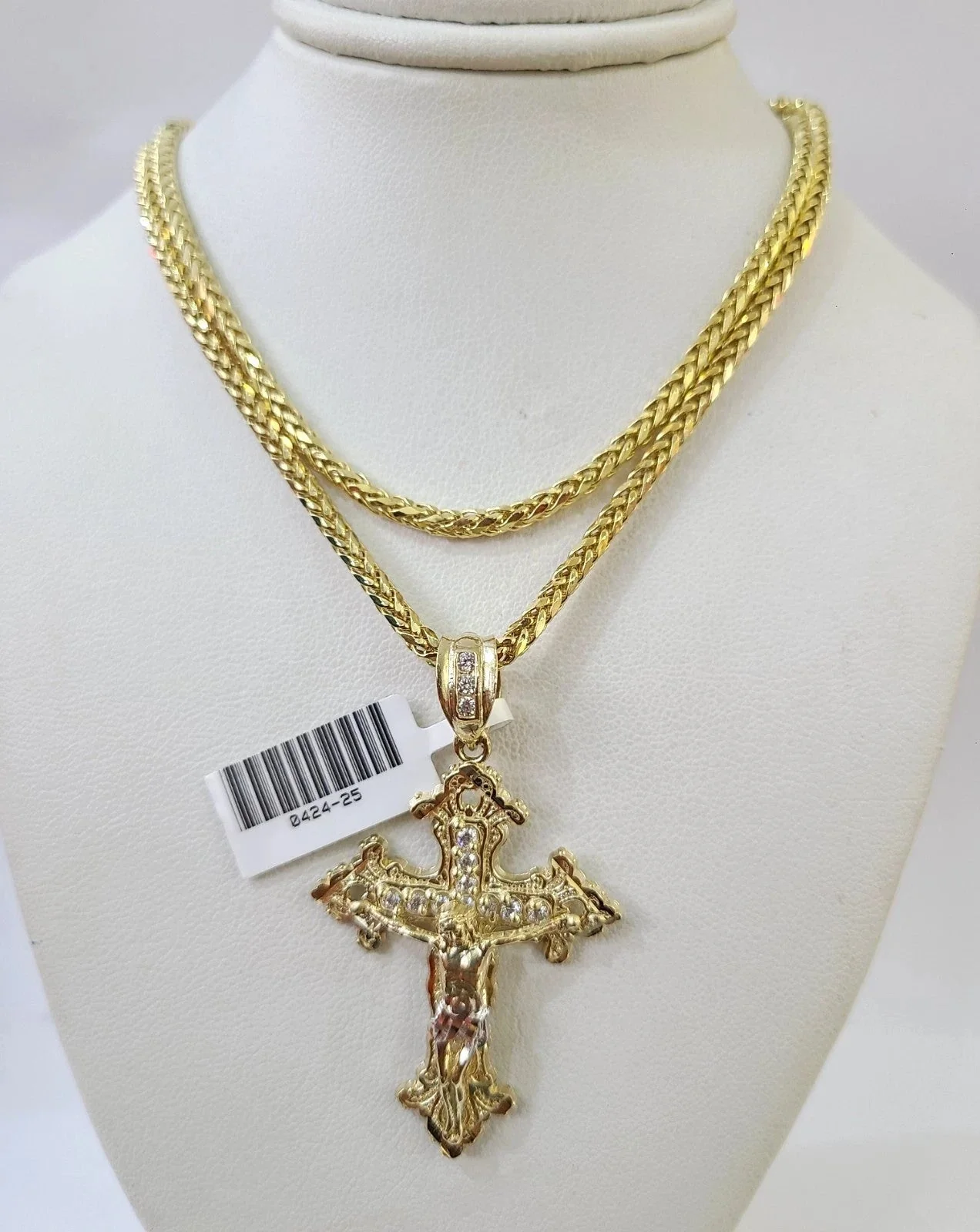 REAL 10k Yellow Gold Palm Chain Jesus Cross Pendant Charm 3mm Necklace - Image 6