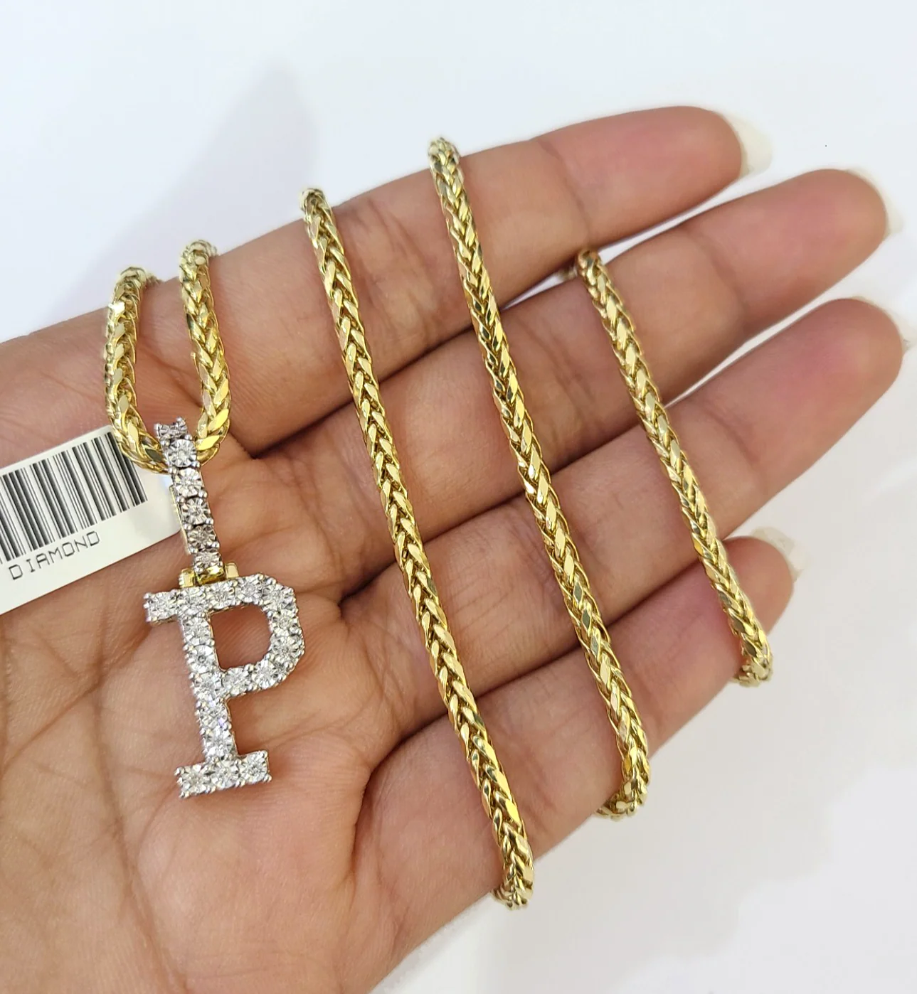 REAL 10k Yellow Gold Palm Chain P Diamond Initial Pendant Charm 3mm SET Necklace - Image 3