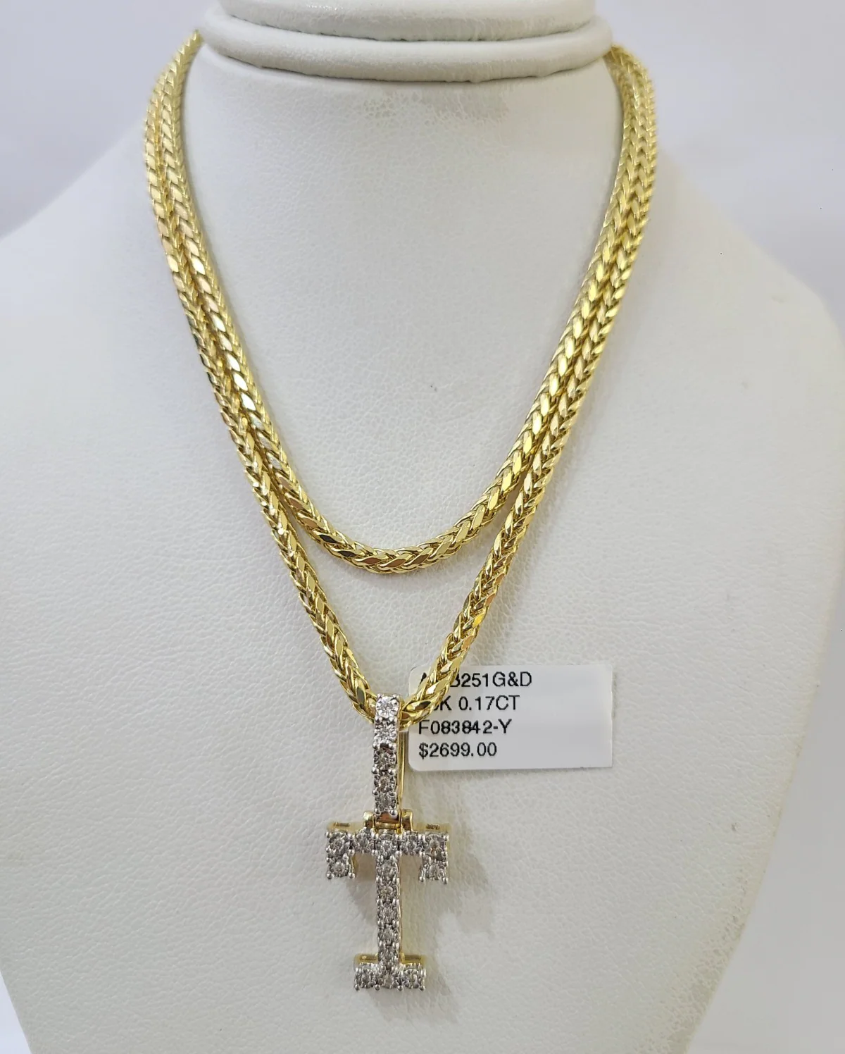 REAL 10k Yellow Gold Palm Chain T Diamond Initial Pendant Charm 3mm SET Necklace