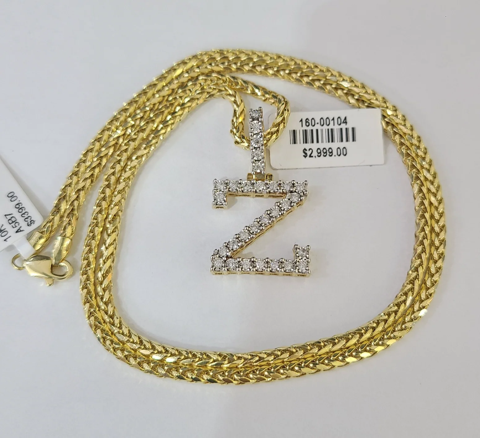 REAL 10k Yellow Gold Palm Chain Z Diamond Initial Pendant Charm 3mm SET Necklace - Image 6