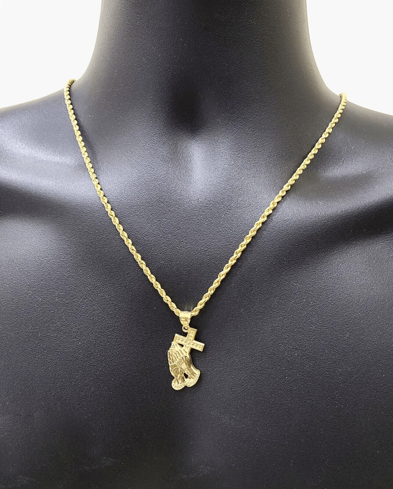 Real 10k Yellow Gold Rope Chain 20'' Necklace Praying Hand Cross Charm Pendant - Image 2