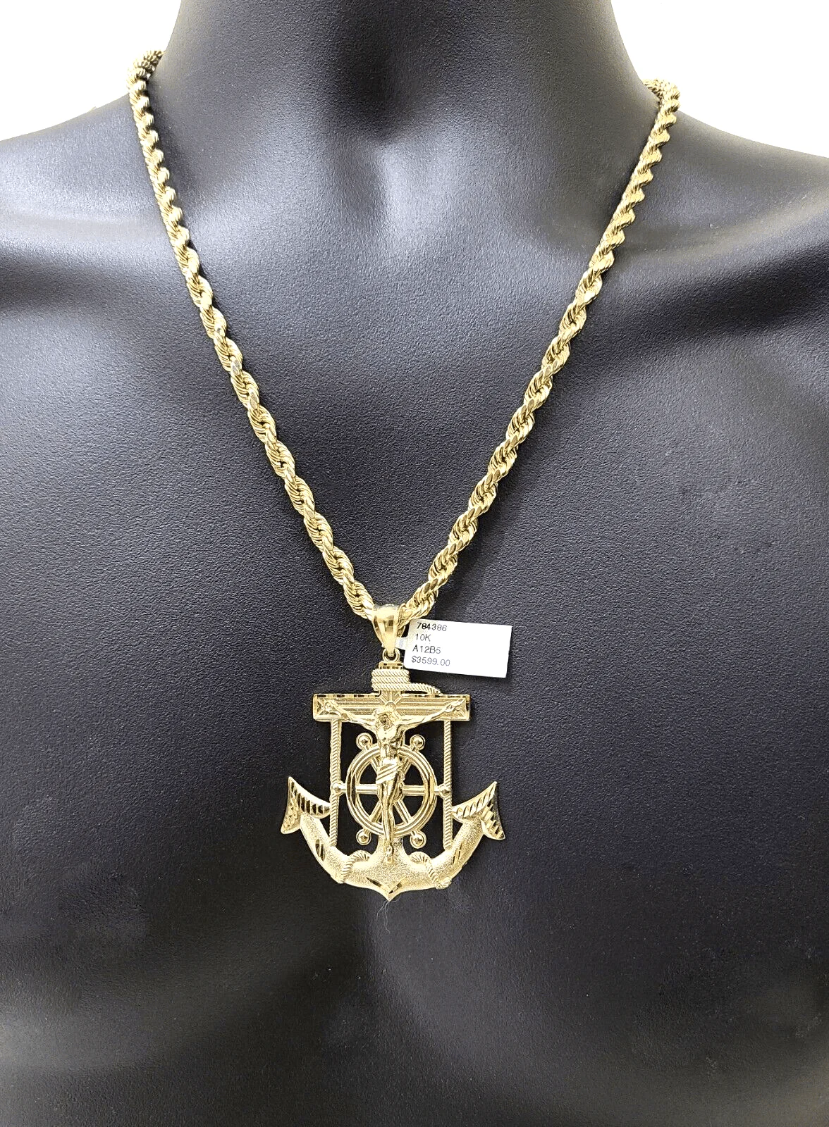 Real 10k Yellow Gold Rope Chain 22'' Necklace anchor cross charm pendant