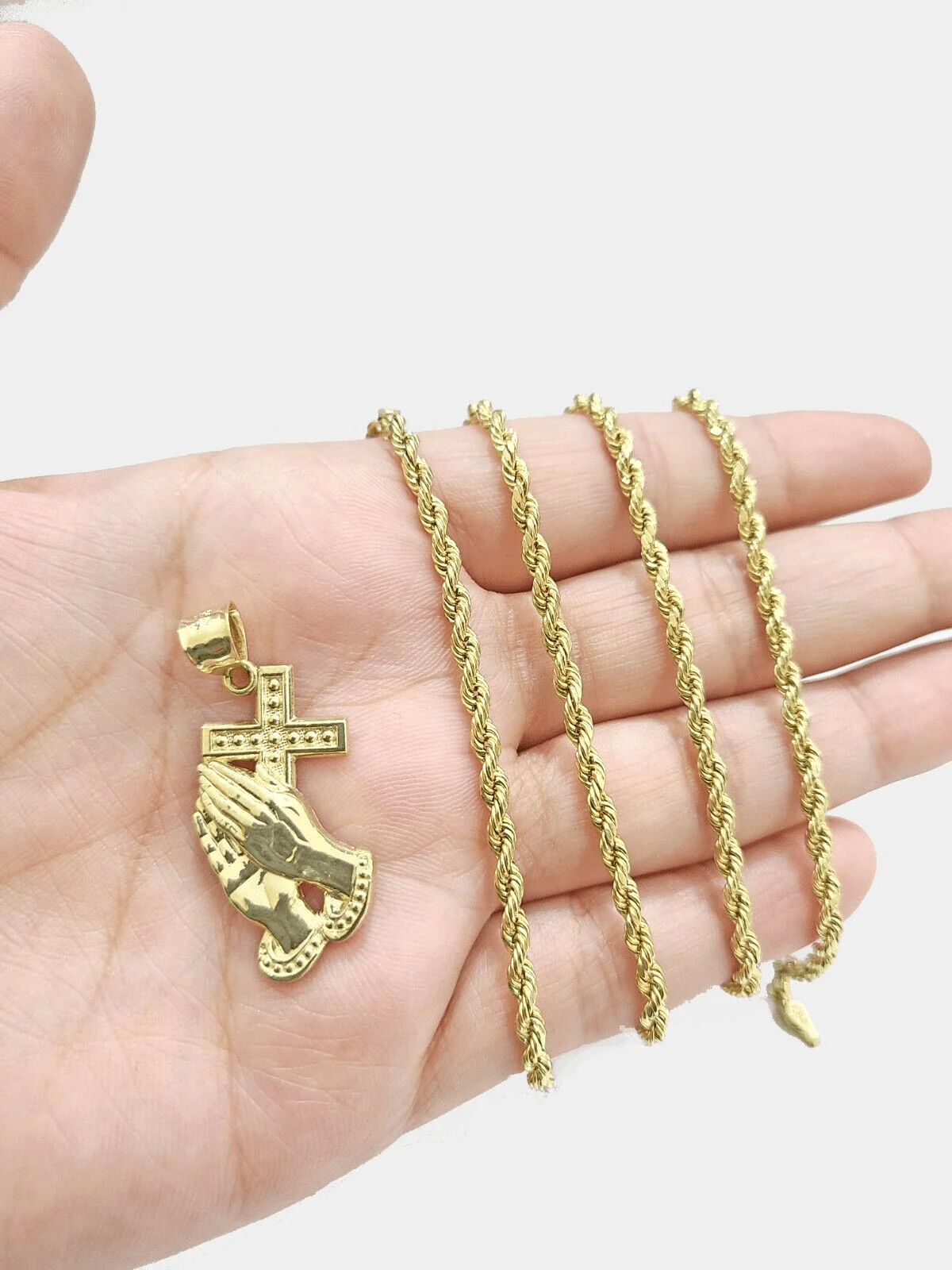 Real 10k Yellow Gold Rope Chain 22'' Necklace Praying Hand Cross Charm Pendant - Image 3