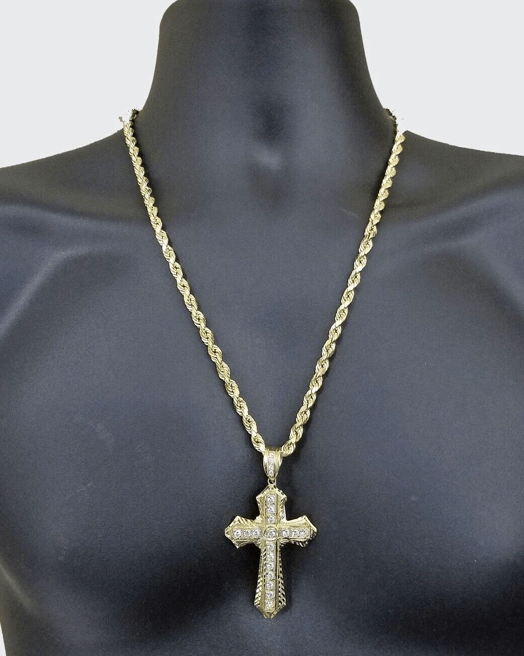Real 10k Yellow Gold Rope Chain 24" inch Necklace And Cross Pendant 6mm - Image 3