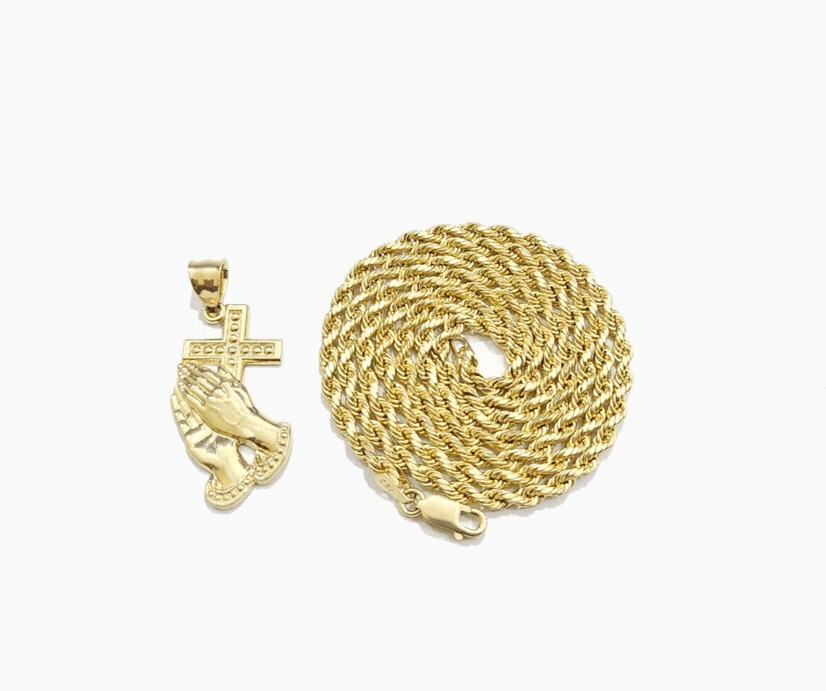 Real 10k Yellow Gold Rope Chain 24'' Necklace Praying Hand Cross Charm Pendant - Image 3