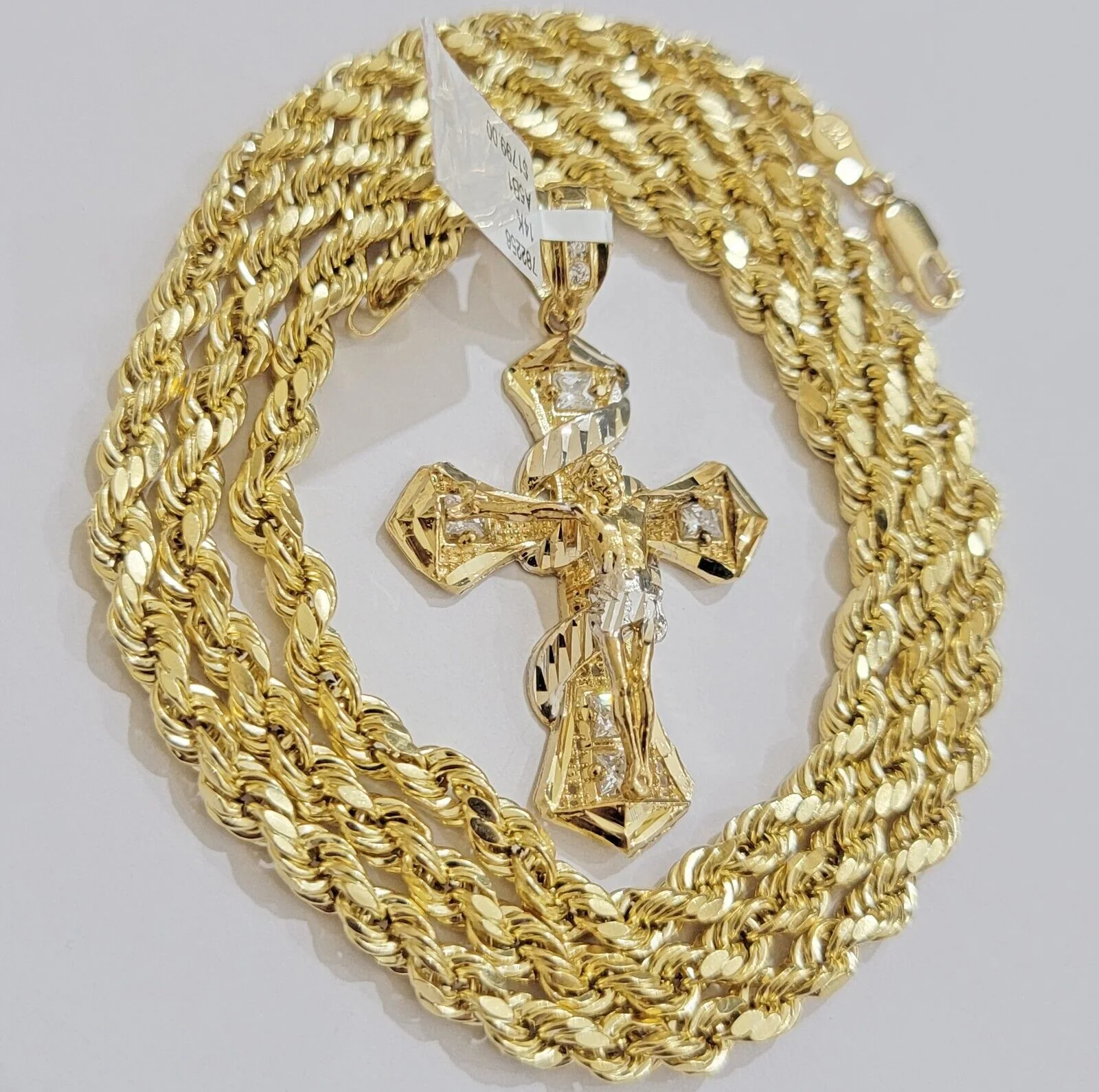 Real 10k Yellow Gold Rope Chain 5mm 22 inch Necklace & Jesus Cross Charm Pendant Set - Image 2