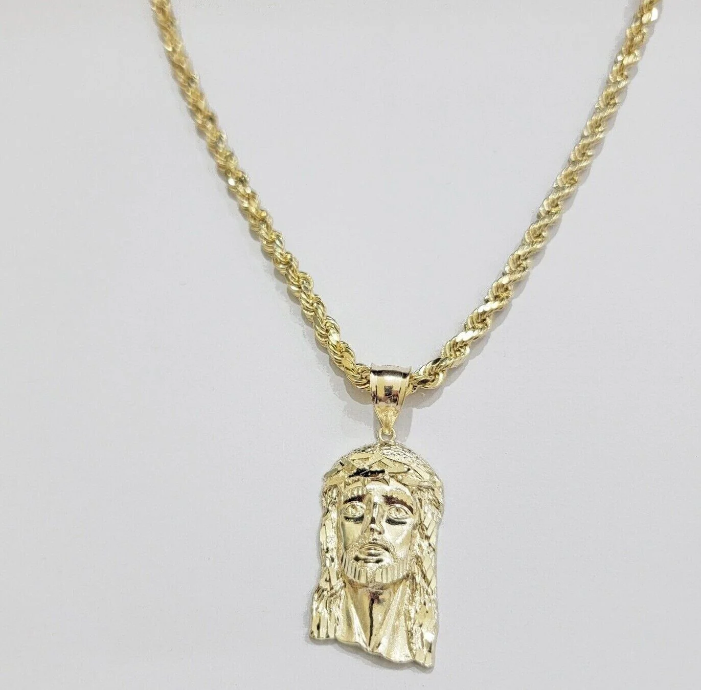 Real 10k Yellow Gold Rope Chain Jesus Charm Pendant SET 4mm 18-28 inch Necklace - Image 3