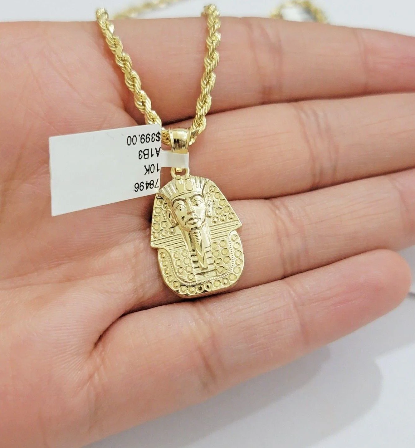 Real 10k Yellow Gold Rope Chain & Pharoah Head Pendant 2.5mm 18-26 inch Necklace - Image 4