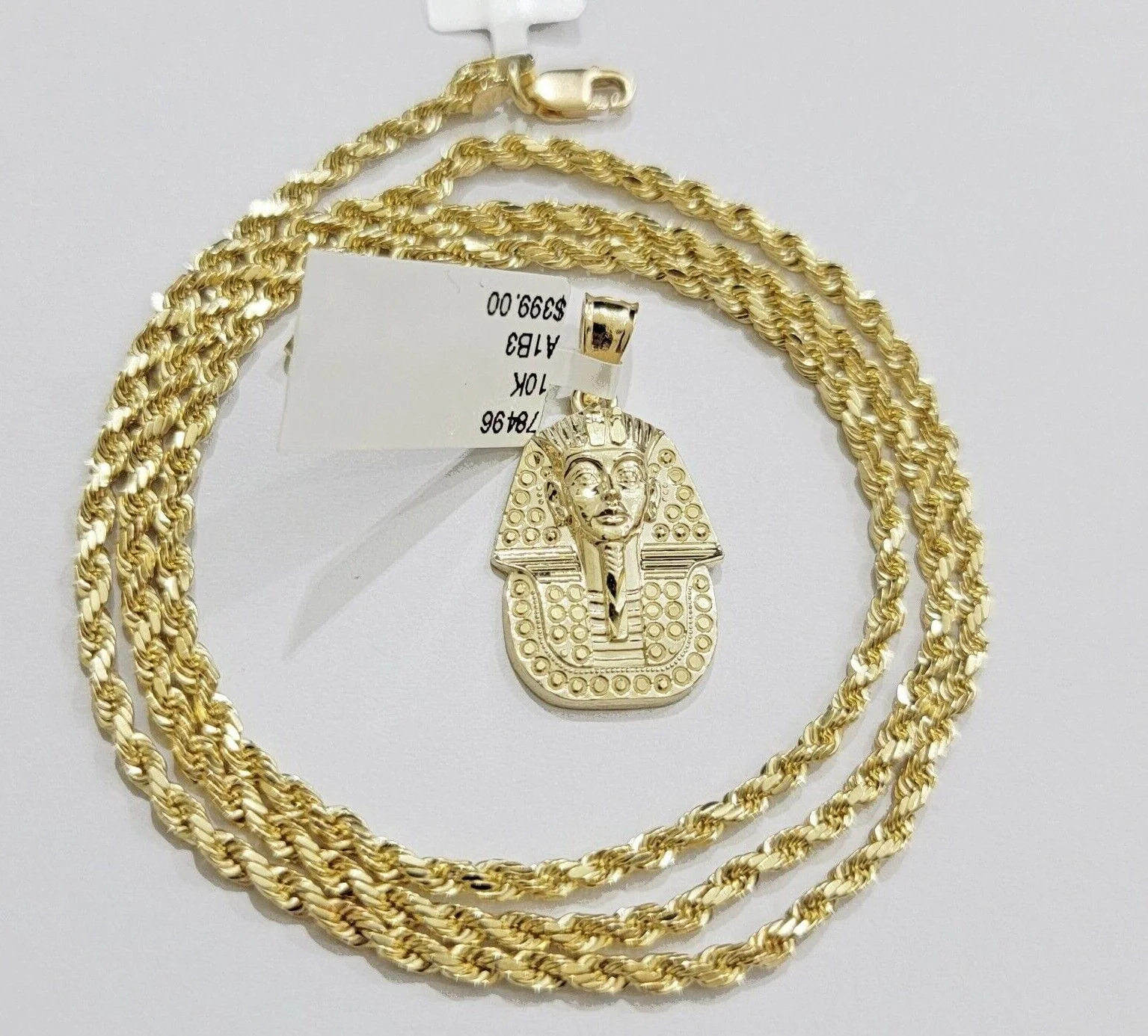 Real 10k Yellow Gold Rope Chain & Pharoah Head Pendant 2.5mm 18-26 inch Necklace - Image 8