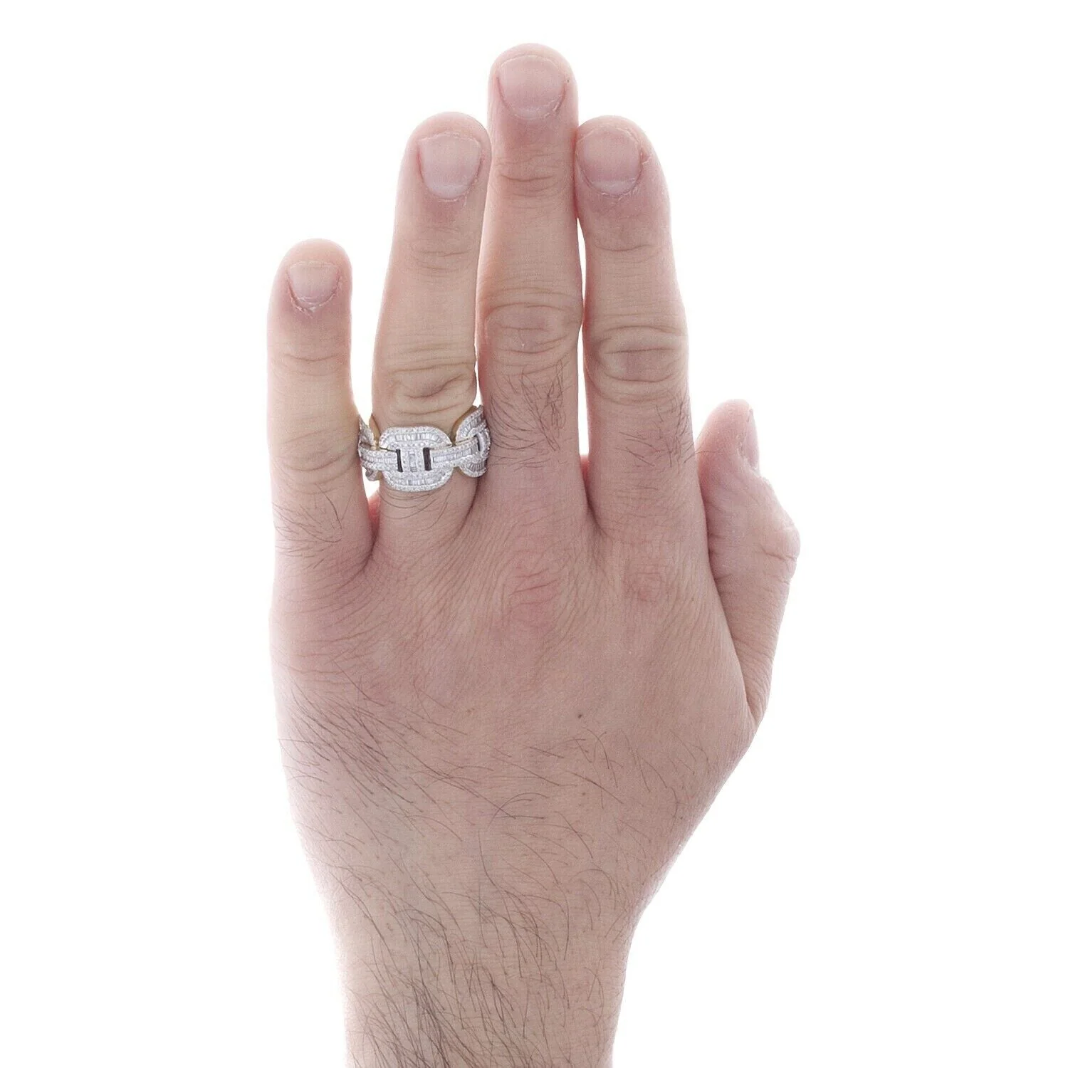 REAL 10K Yellow Gold Round Baguette Diamond Puff Link Cuban Band Ring 1.90CT AMB - Image 2