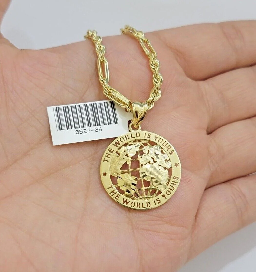 Real 10kt Gold Milano Rope Chain World Map Charm Pendant Set 18-24 Inch Necklace - Image 6