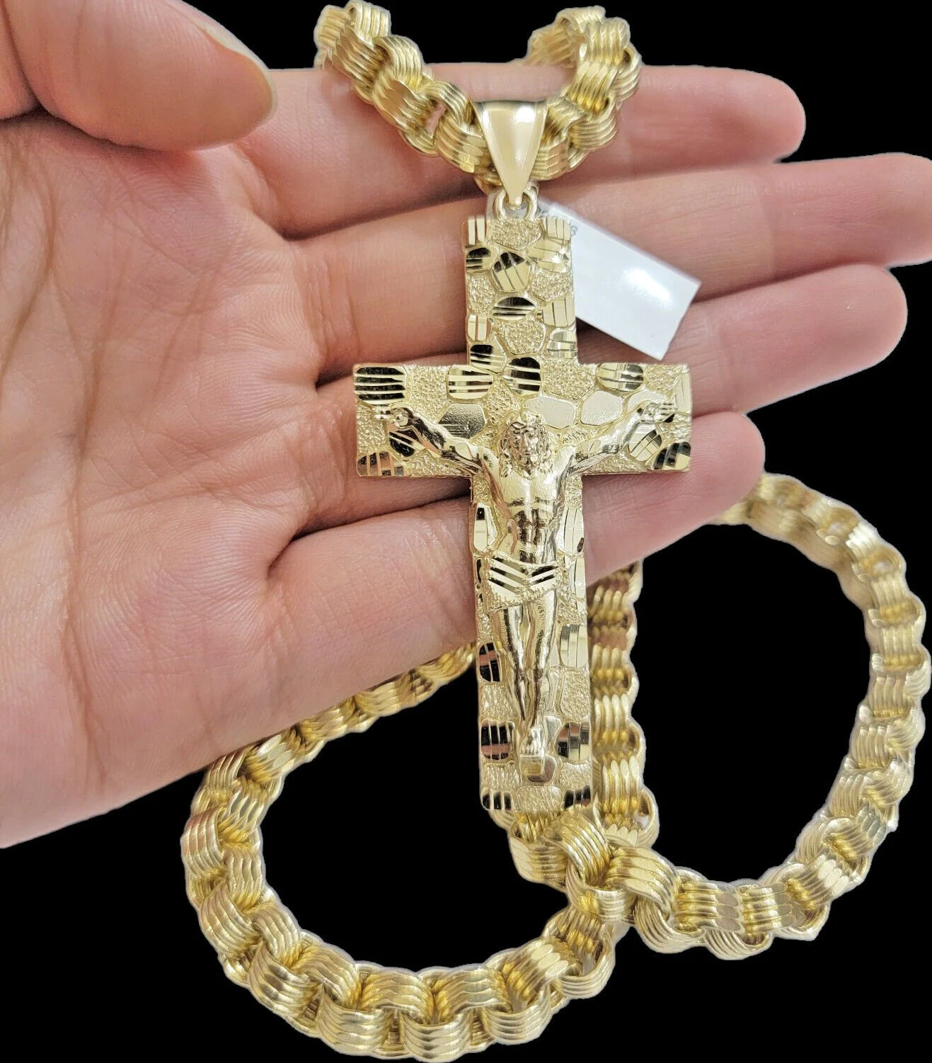 Real 10kt Yellow Gold Chain Pendant Byzantine Necklace Nugget Cross Charm SETS - Image 11