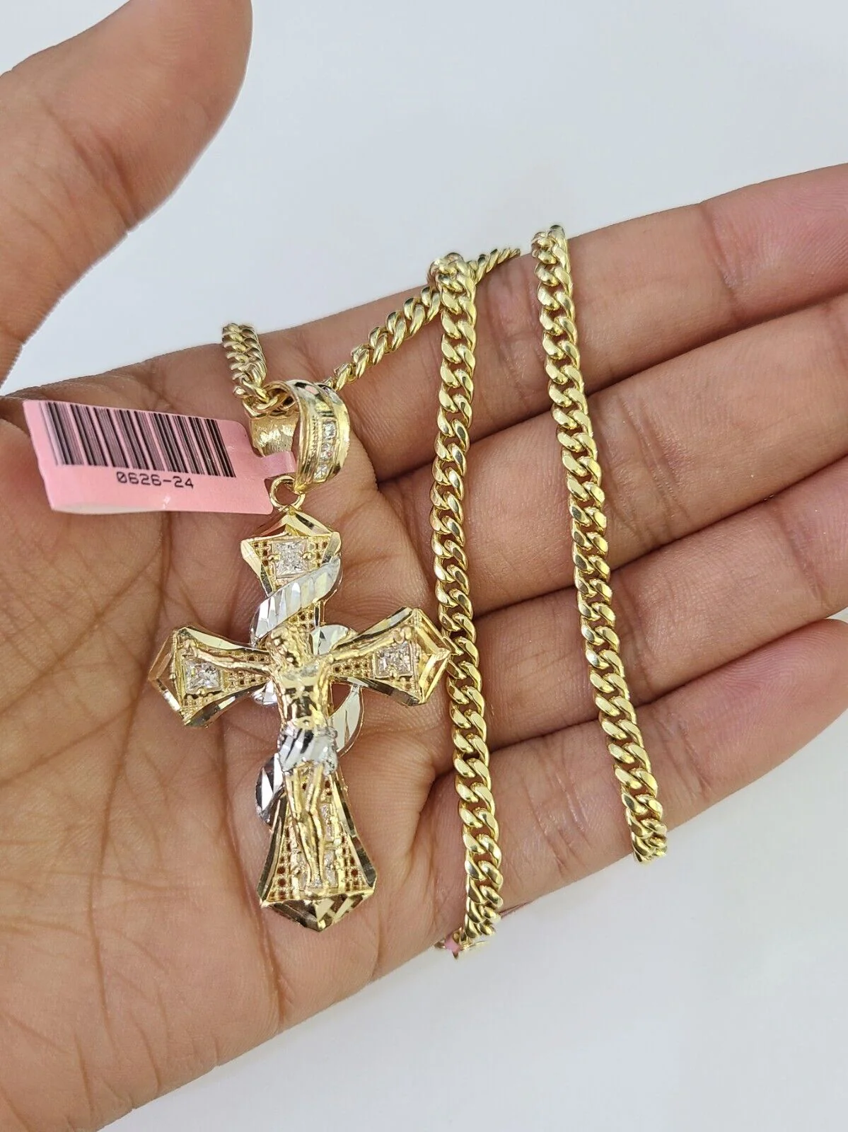 Real 14k Chain Cross Charm Set Miami Cuban Link 4mm Necklace Pendant Yellow Gold - Image 3