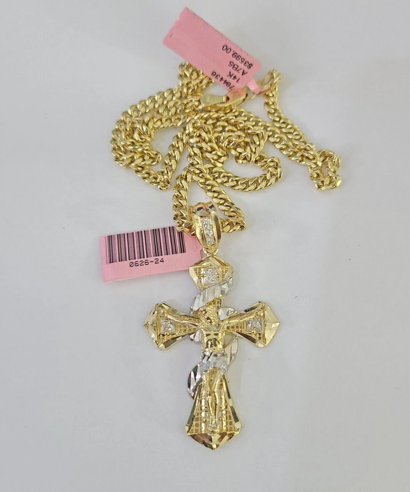 Real 14k Chain Cross Charm Set Miami Cuban Link 4mm Necklace Pendant Yellow Gold - Image 4