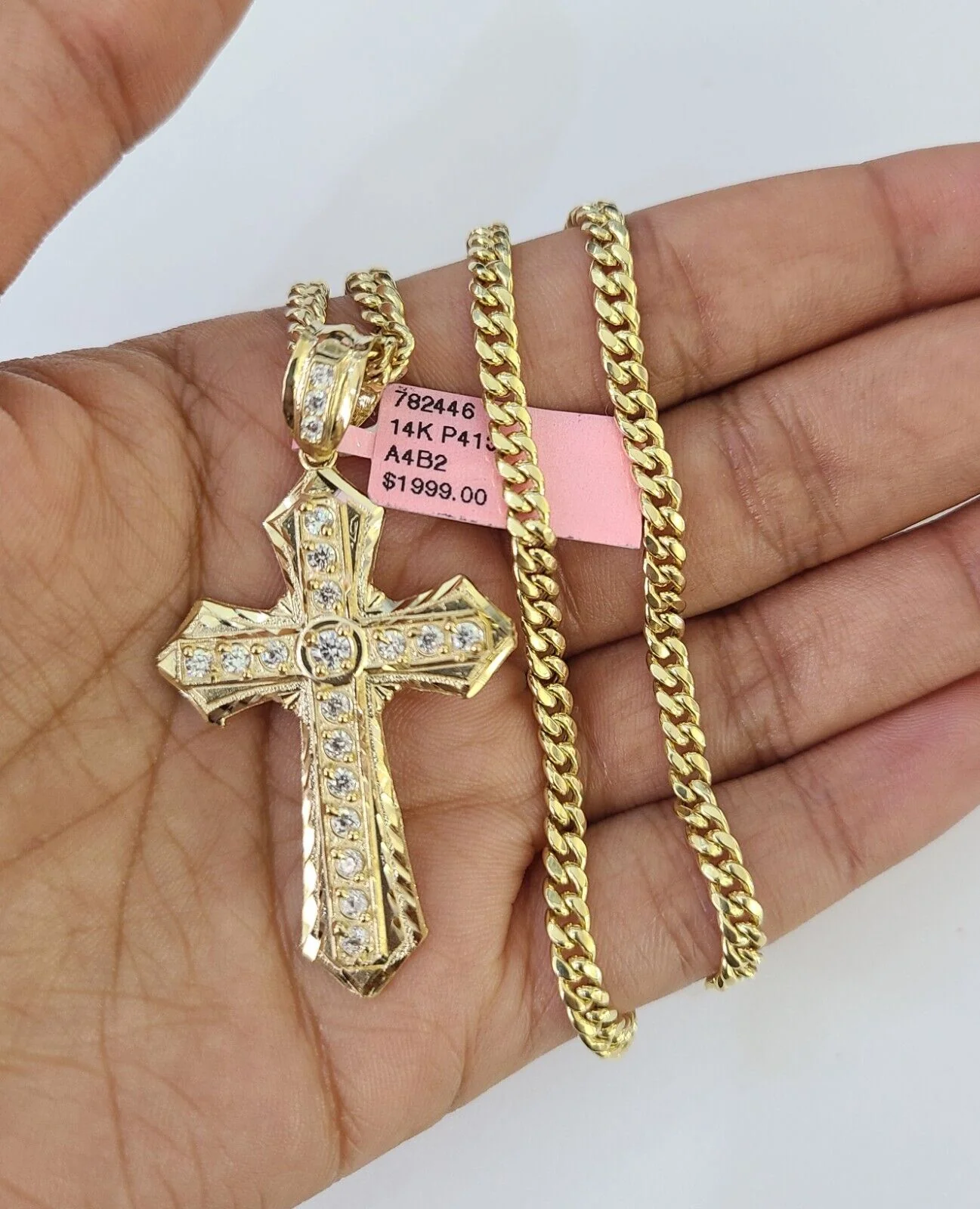 Real 14k Chain Cross Charm Set Miami Cuban Link 4mm Necklace Pendant Yellow Gold - Image 3