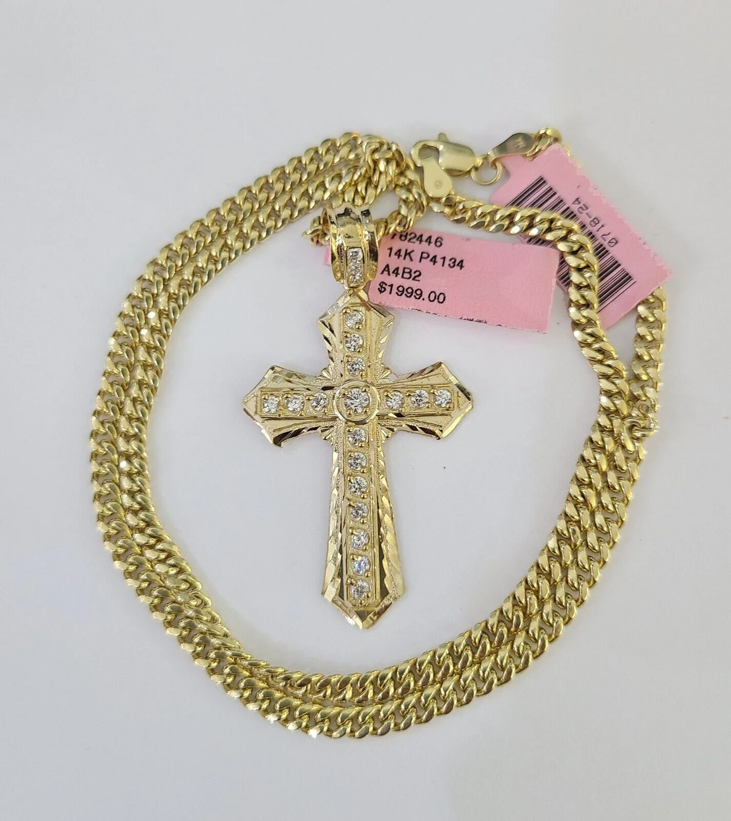 Real 14k Chain Cross Charm Set Miami Cuban Link 4mm Necklace Pendant Yellow Gold - Image 6