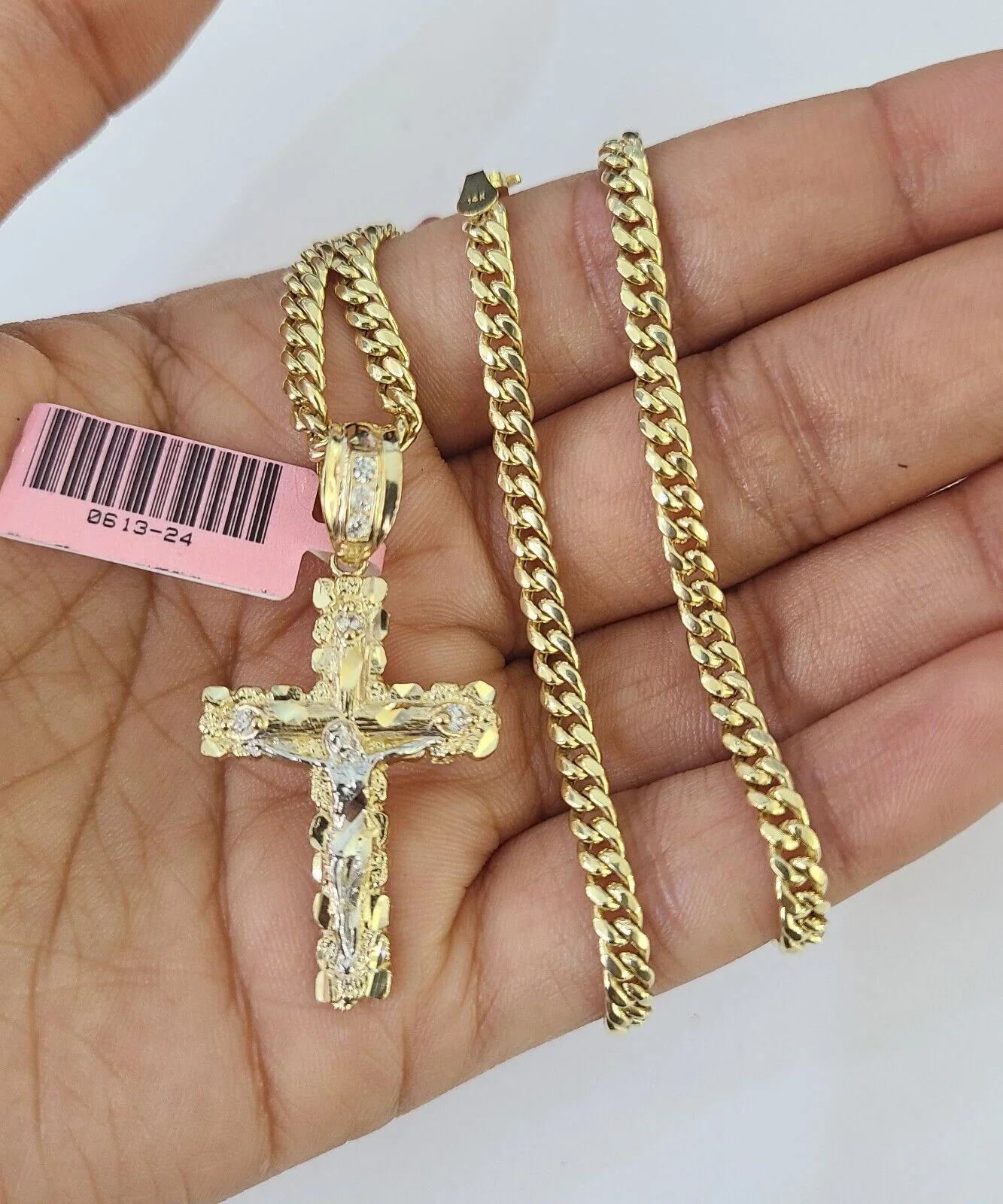 Real 14k Chain Cross Charm Set Miami Cuban Link 4mm Necklace Pendant Yellow Gold - Image 3