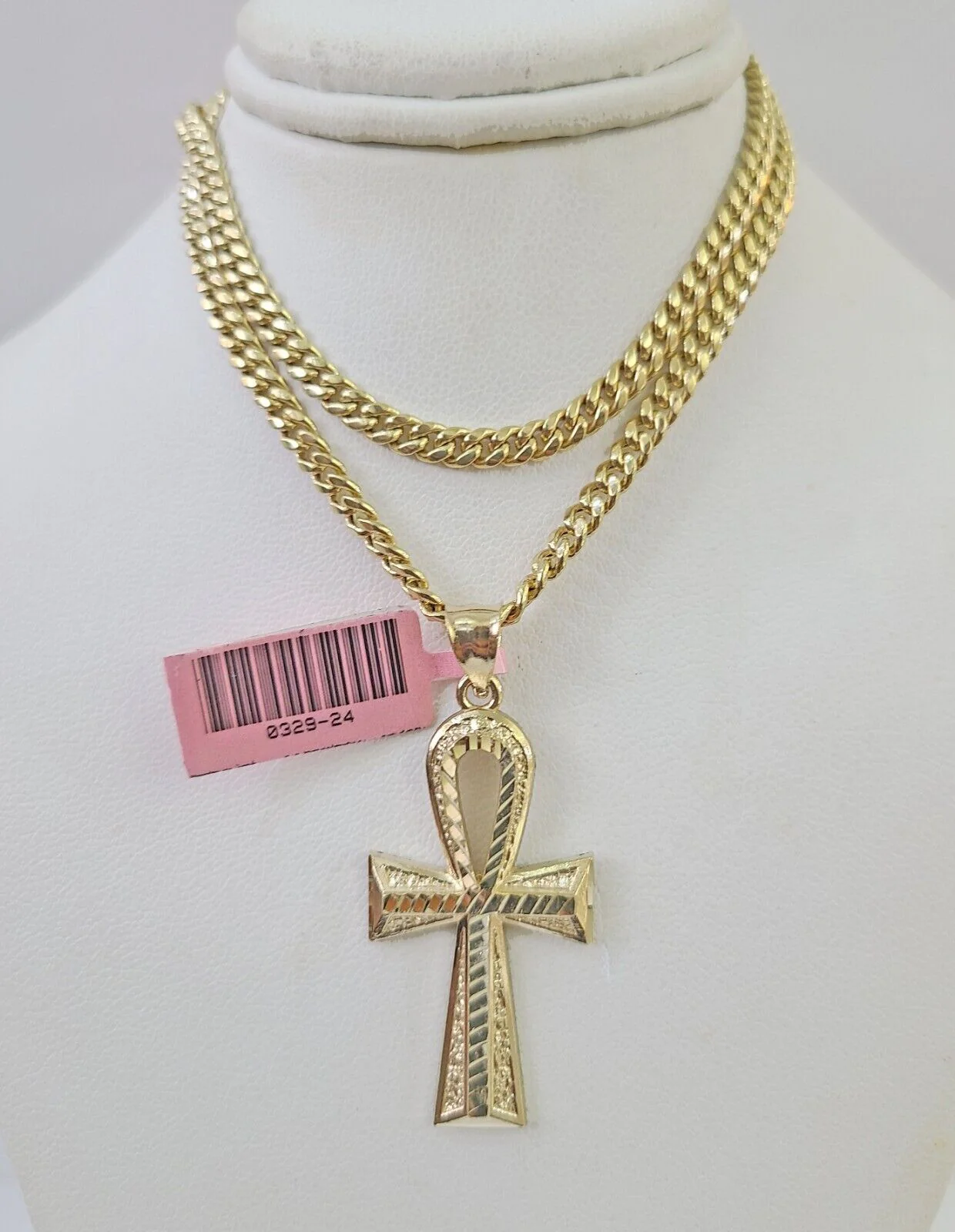 Real 14k Chain Cross Charm Set Miami Cuban Link 4mm Necklace Pendant Yellow Gold