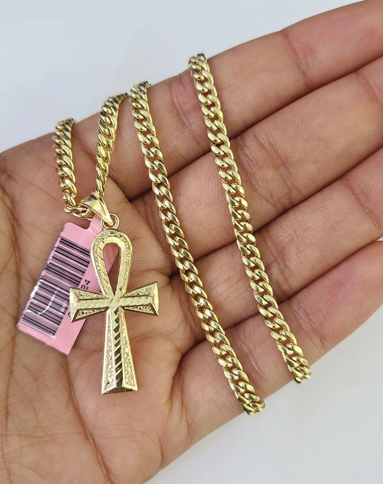 Real 14k Chain Cross Charm Set Miami Cuban Link 4mm Necklace Pendant Yellow Gold - Image 6