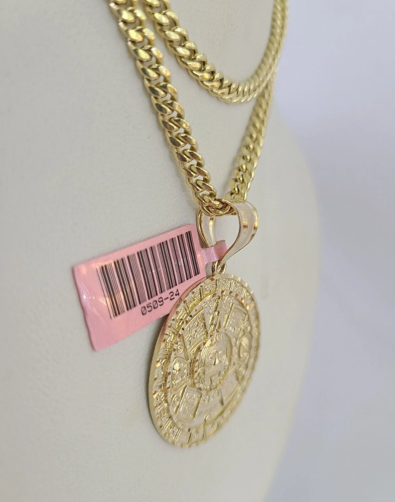 Real 14k Chain Mayan Calendar Charm Set Miami Cuban Link 4mm Necklace Pendant - Image 2