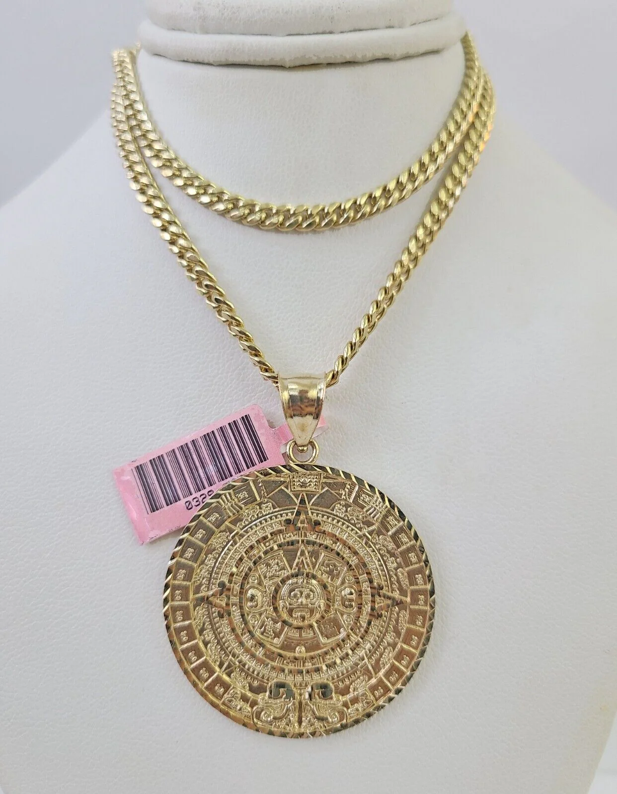Real 14k Chain Mayan Calendar Charm Set Miami Cuban Link 4mm Necklace Pendant