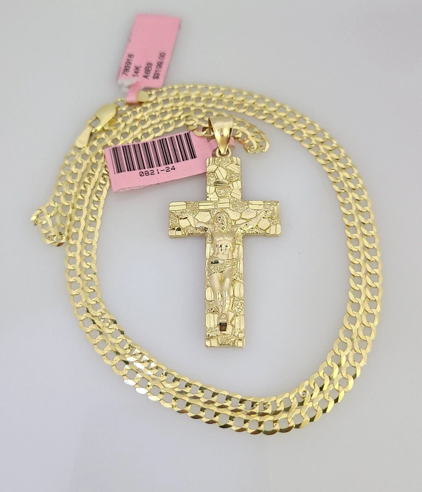 Real 14k Gold Chain Jesus Cross Pendant Set 14kt Cuban Curb Chain 4mm Charm - Image 10