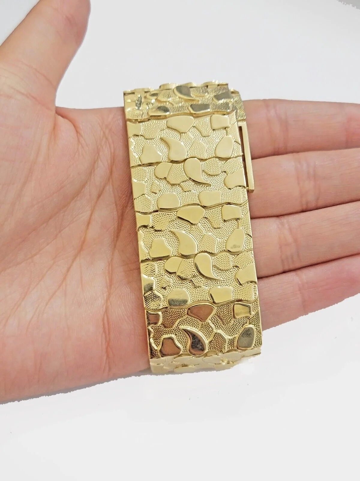 Real 14k Gold Nugget Bracelet Mens 10 Inch Long 30mm Thick Genuine 14 KT Solid - Image 2
