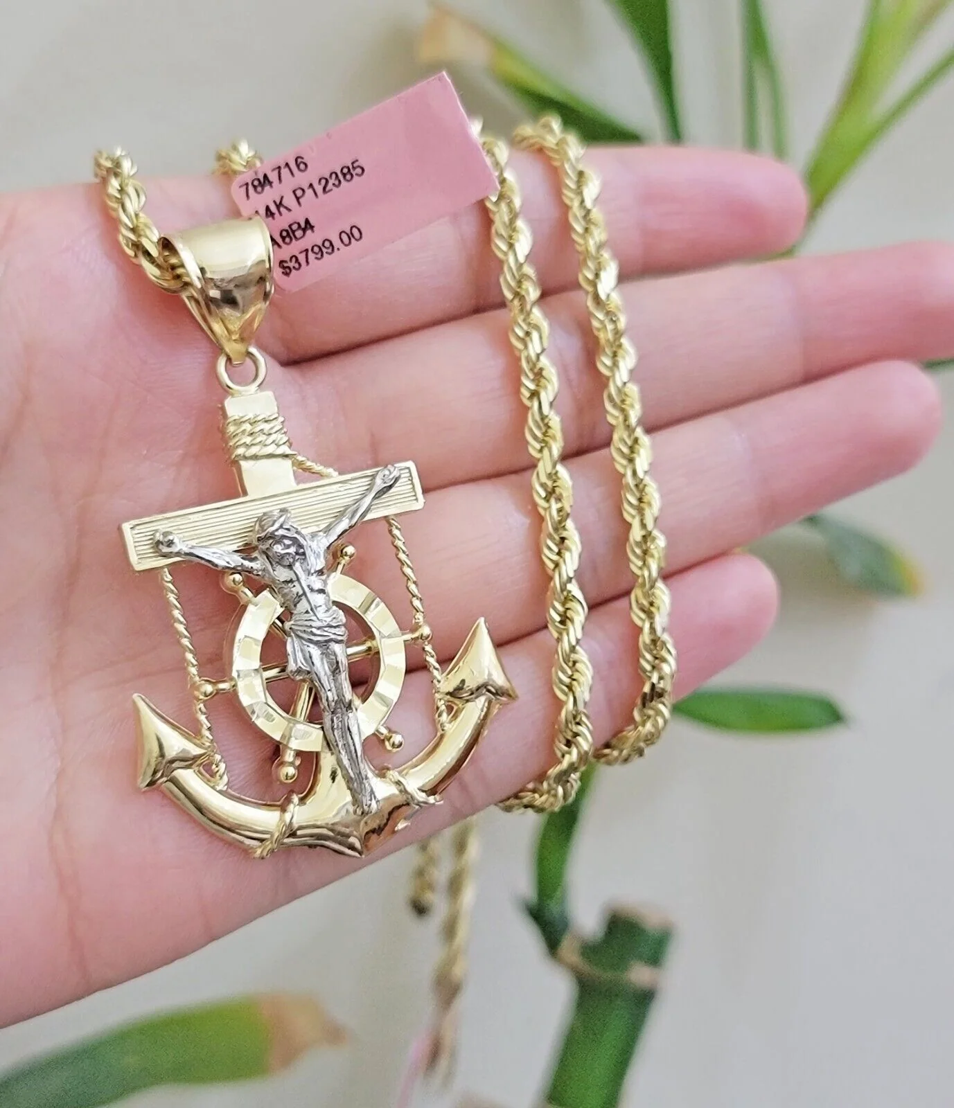 REAL 14k Gold Rope Necklace Anchor Charm Pendant SET SOLID 4mm 24 Inch Necklace - Image 2