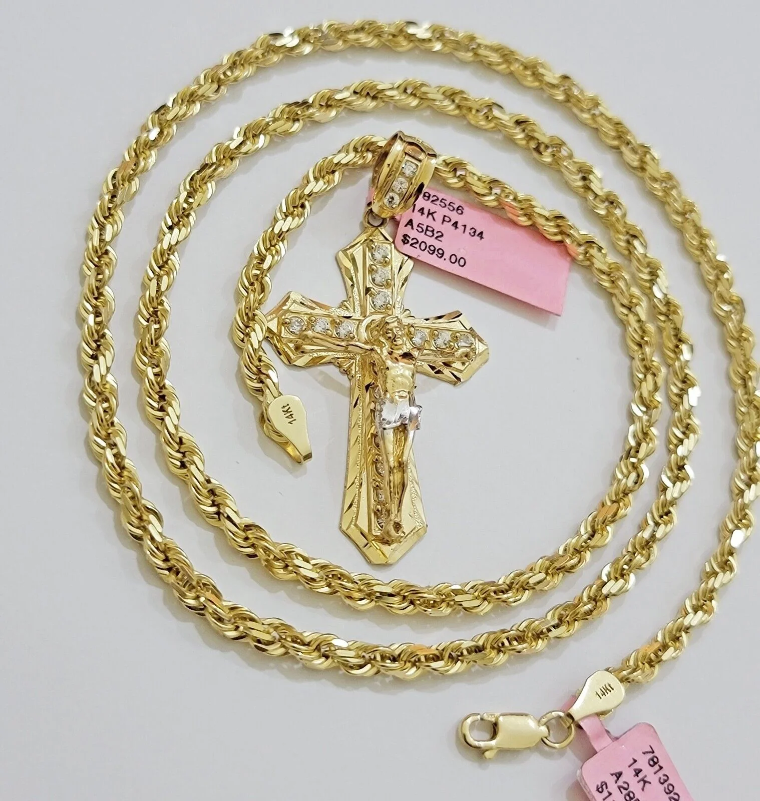REAL 14k Gold Rope Necklace Cross Charm Pendant SET SOLID 4mm 24 Inch Chain Mens - Image 5