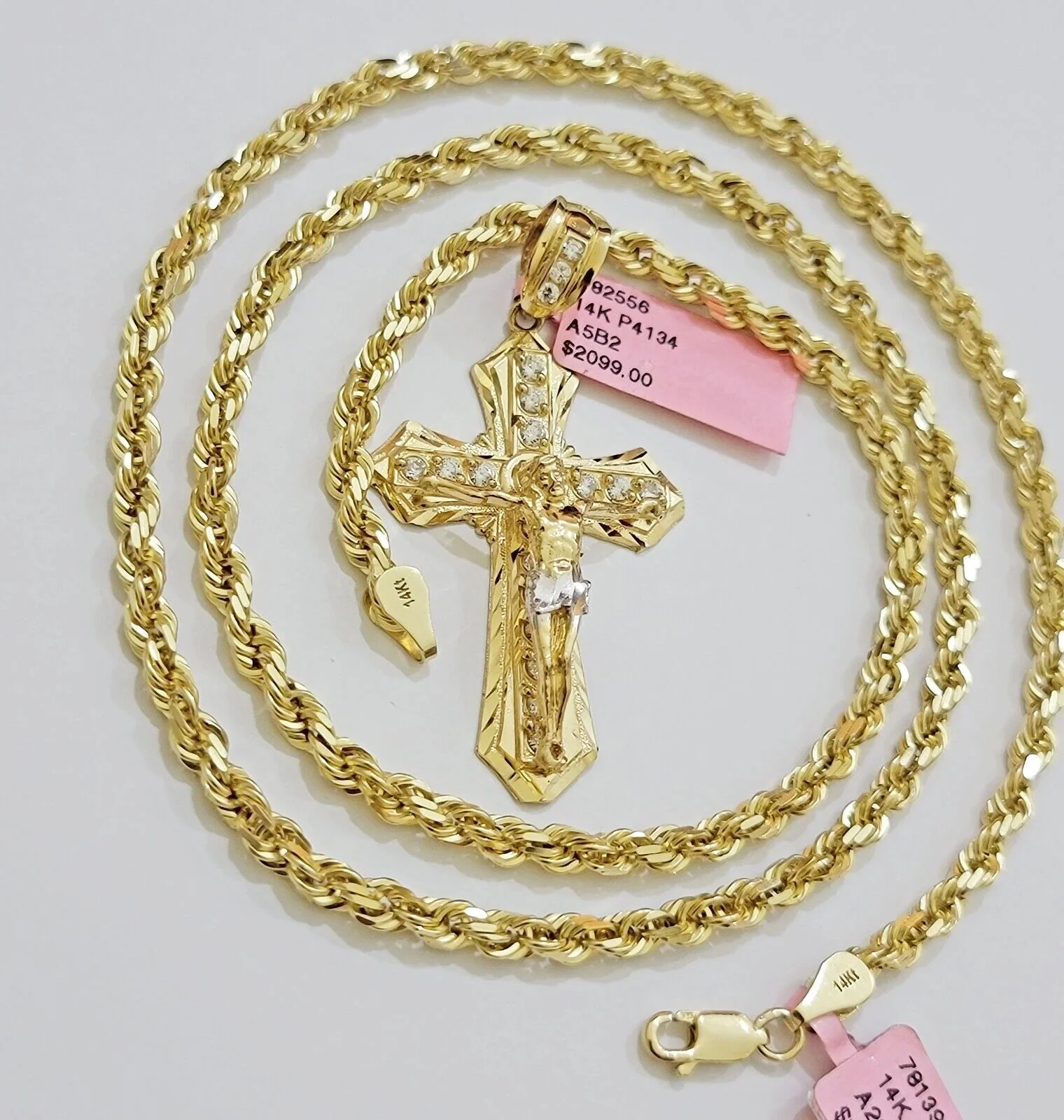 REAL 14k Gold Rope Necklace Cross Charm Pendant SET SOLID 4mm 24 Inch Chain Mens - Image 8