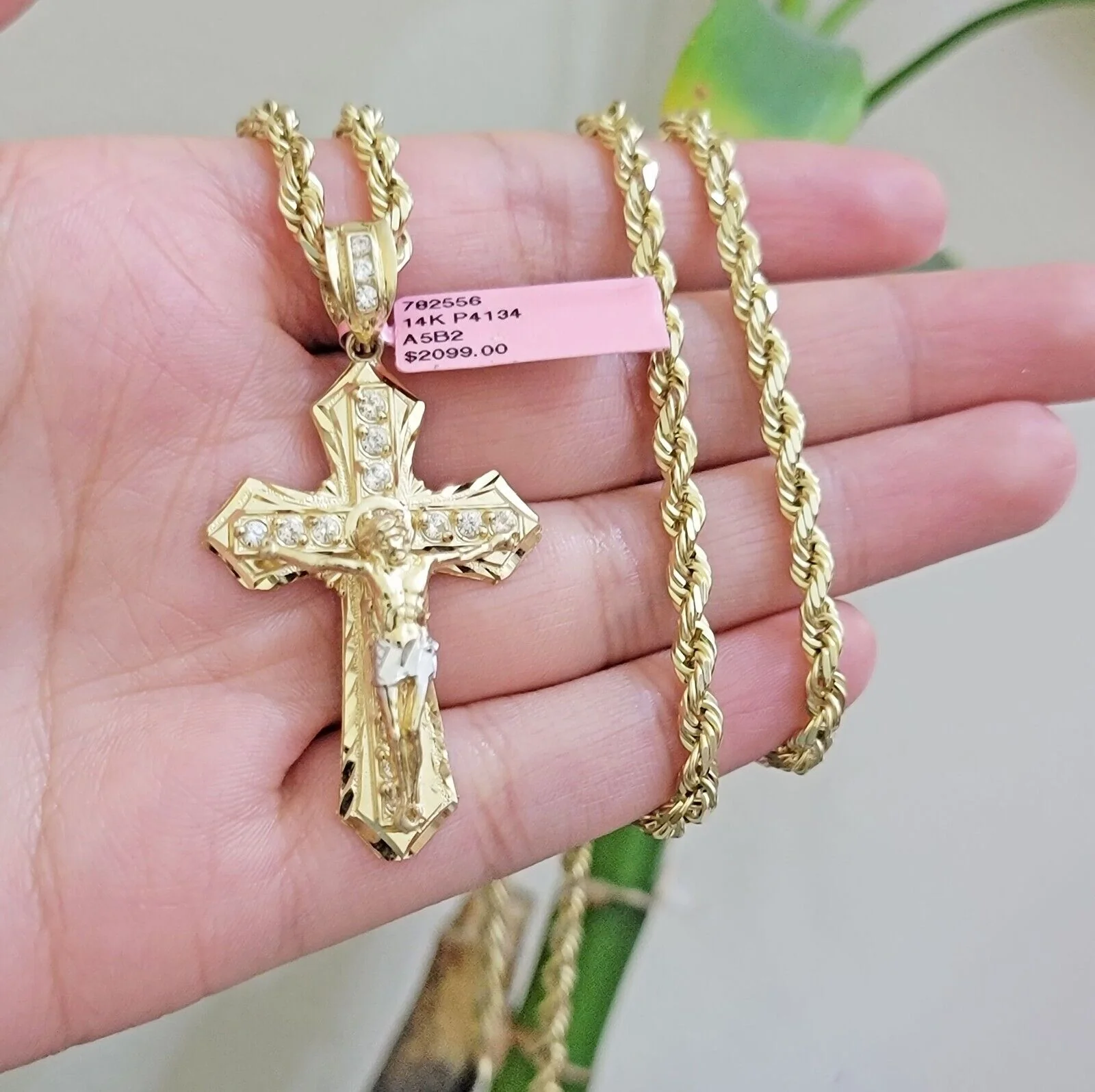 REAL 14k Gold Rope Necklace Cross Charm Pendant SET SOLID 4mm 28 Inch Chain Mens - Image 4
