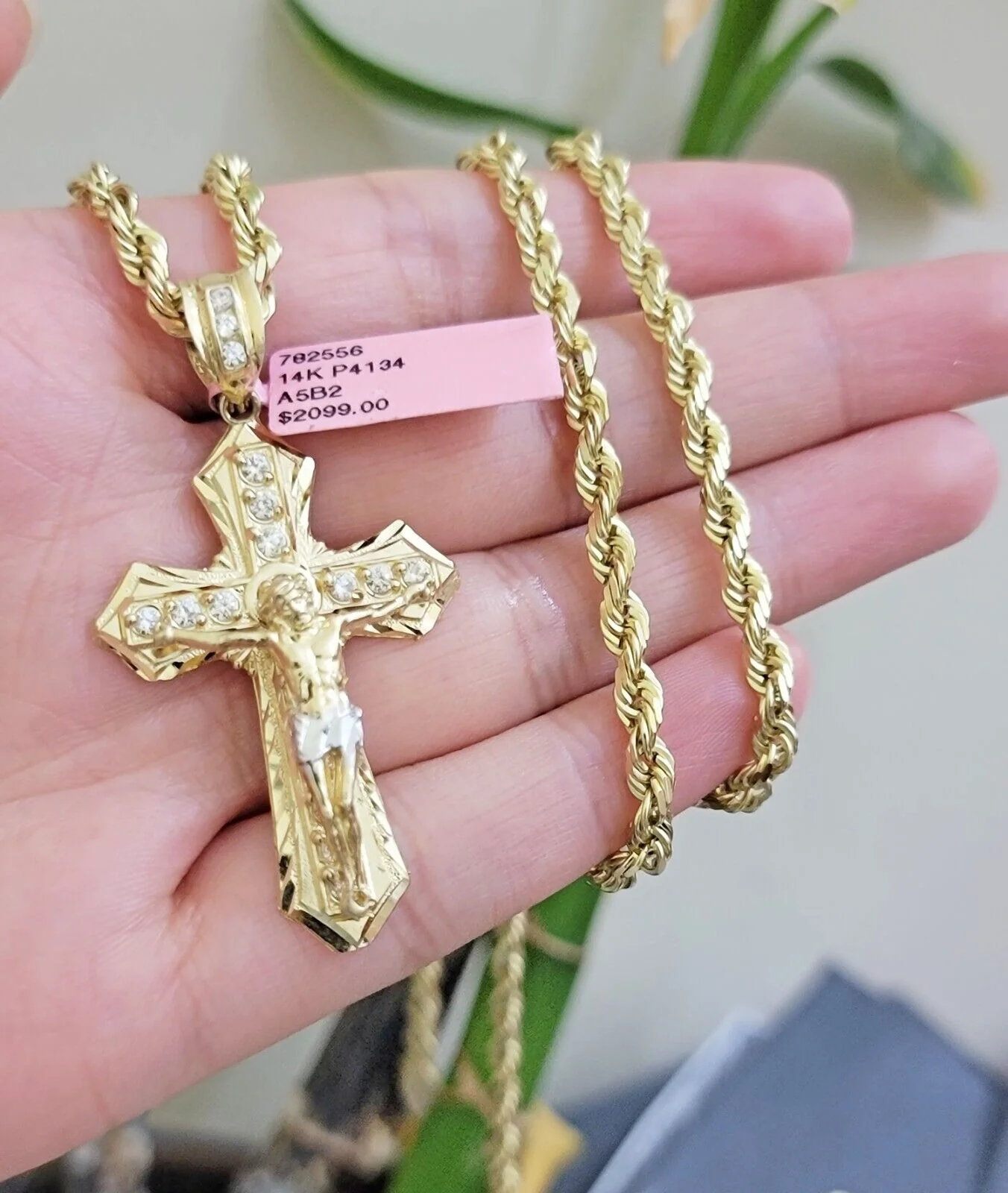 REAL 14k Gold Rope Necklace Cross Charm Pendant SET SOLID 4mm 28 Inch Chain Mens - Image 8