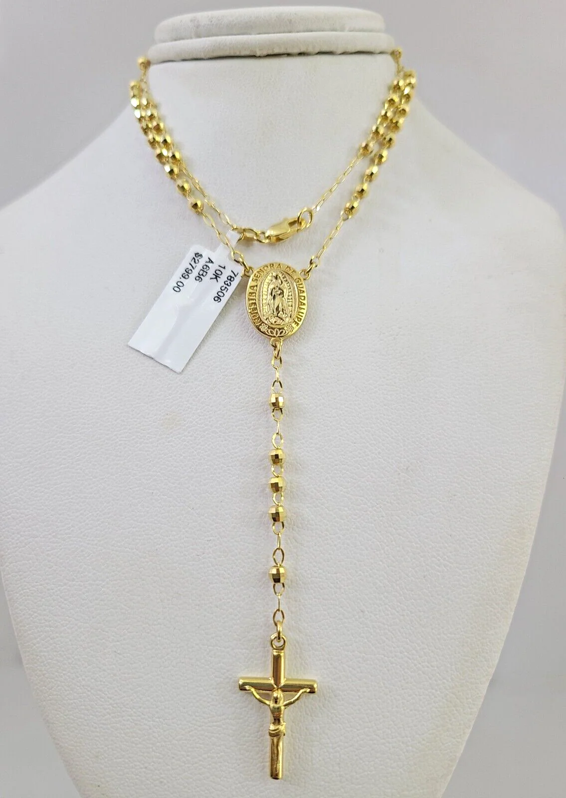 Real 14k Gold Rosary Necklace Jesus Cross Women Diamond Cut Chain 16 INCHES