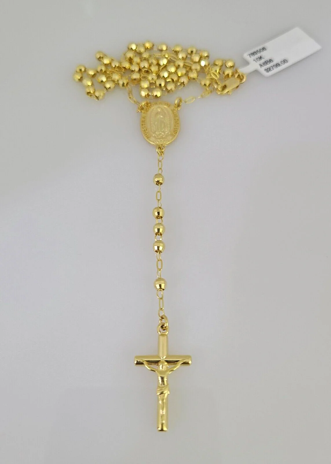 Real 14k Gold Rosary Necklace Jesus Cross Women Diamond Cut Chain 16 INCHES - Image 3